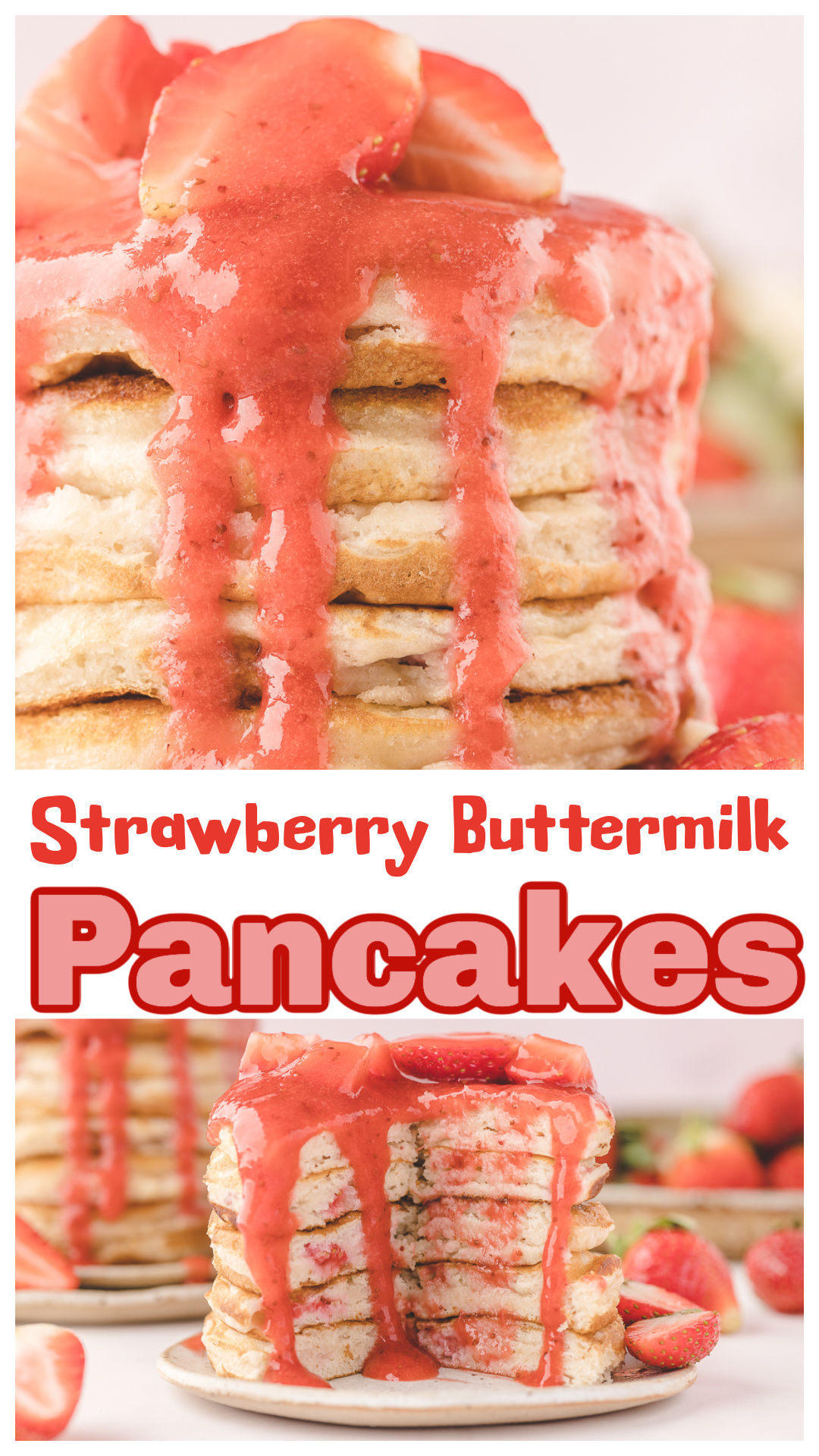 Fresh strawberry buttermilk pancakes loaded with juicy berries cooked right into the batter and topped with warm homemade strawberry sauce. These thick pancakes develop jammy strawberry pockets and caramelized berry edges on the griddle while staying soft and rich underneath. Perfect for slow weekend breakfasts, brunch, spring mornings, Mother&rsquo;s Day breakfast ideas, or anyone craving diner-style strawberry pancakes with real fresh strawberry flavor. via @cmpollak1