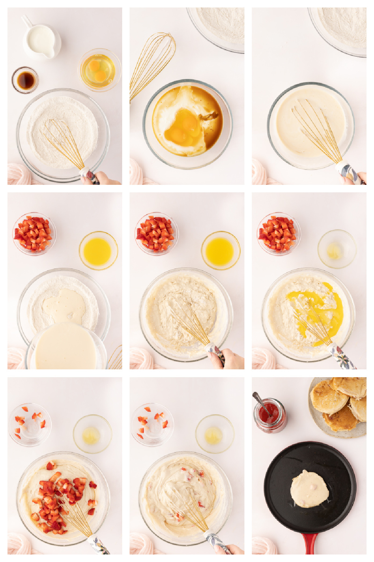 Process collage showing how fresh strawberry pancakes are made, from mixing the buttermilk batter to folding in strawberries and cooking pancakes on the griddle.