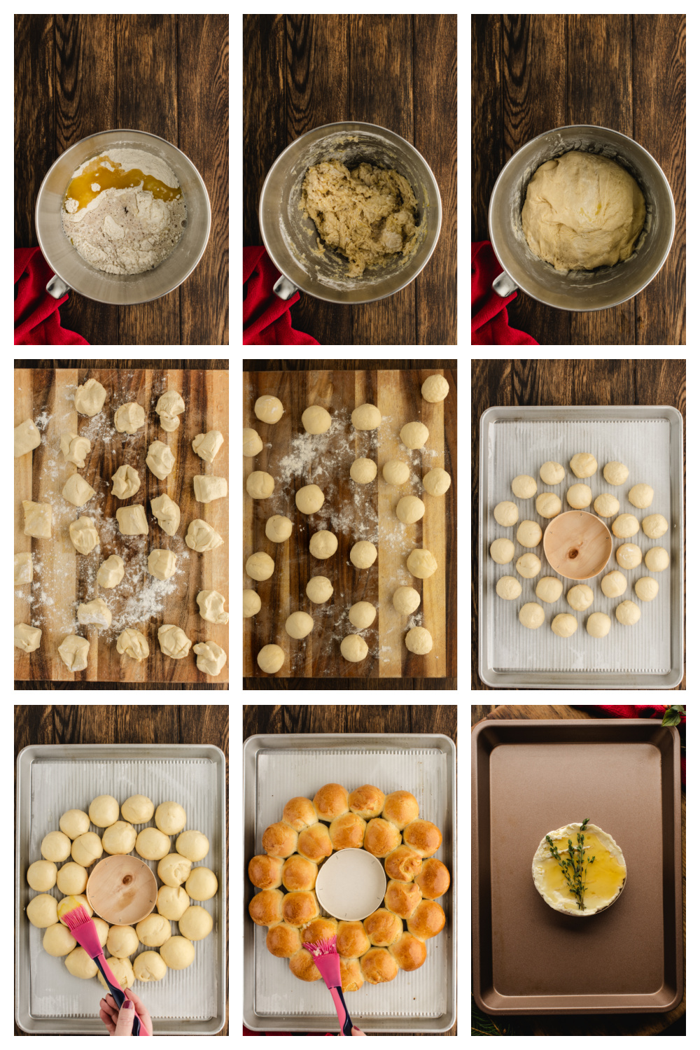 Step-by-step images showing the dough mixing, shaping, arranging into a wreath, brushing with egg wash, baking, and preparing the Camembert for melting.