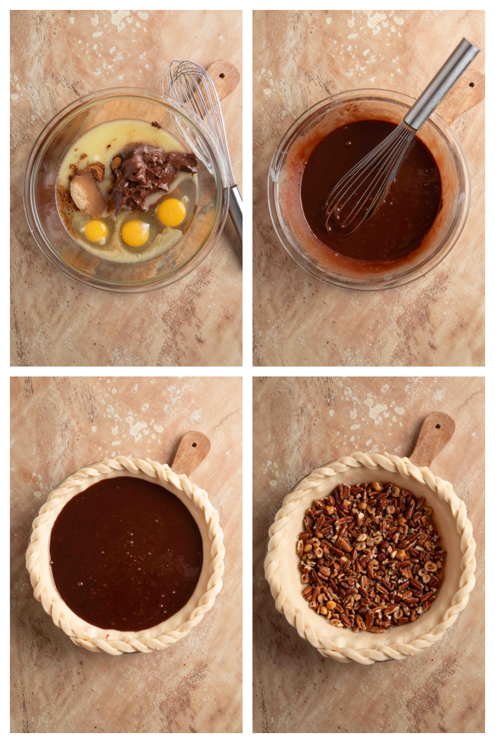 Step-by-step collage showing whisked Nutella custard, the braided pie crust, the filled crust, and the nut layer for a chocolate hazelnut pecan pie.
