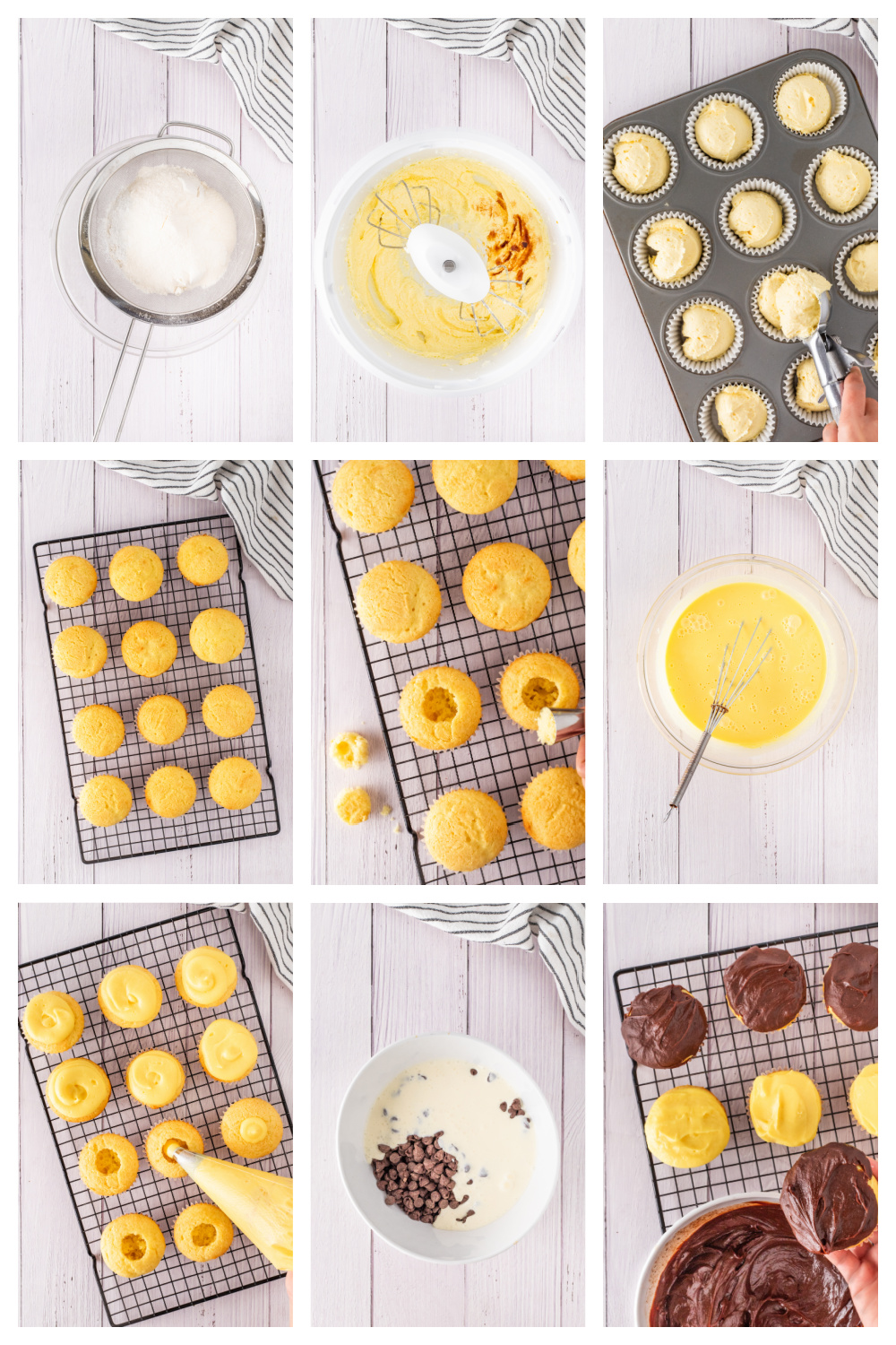 Step-by-step collage showing the process of making Boston cream pie cupcakes, from mixing the batter and baking to filling with vanilla pudding and topping with chocolate ganache