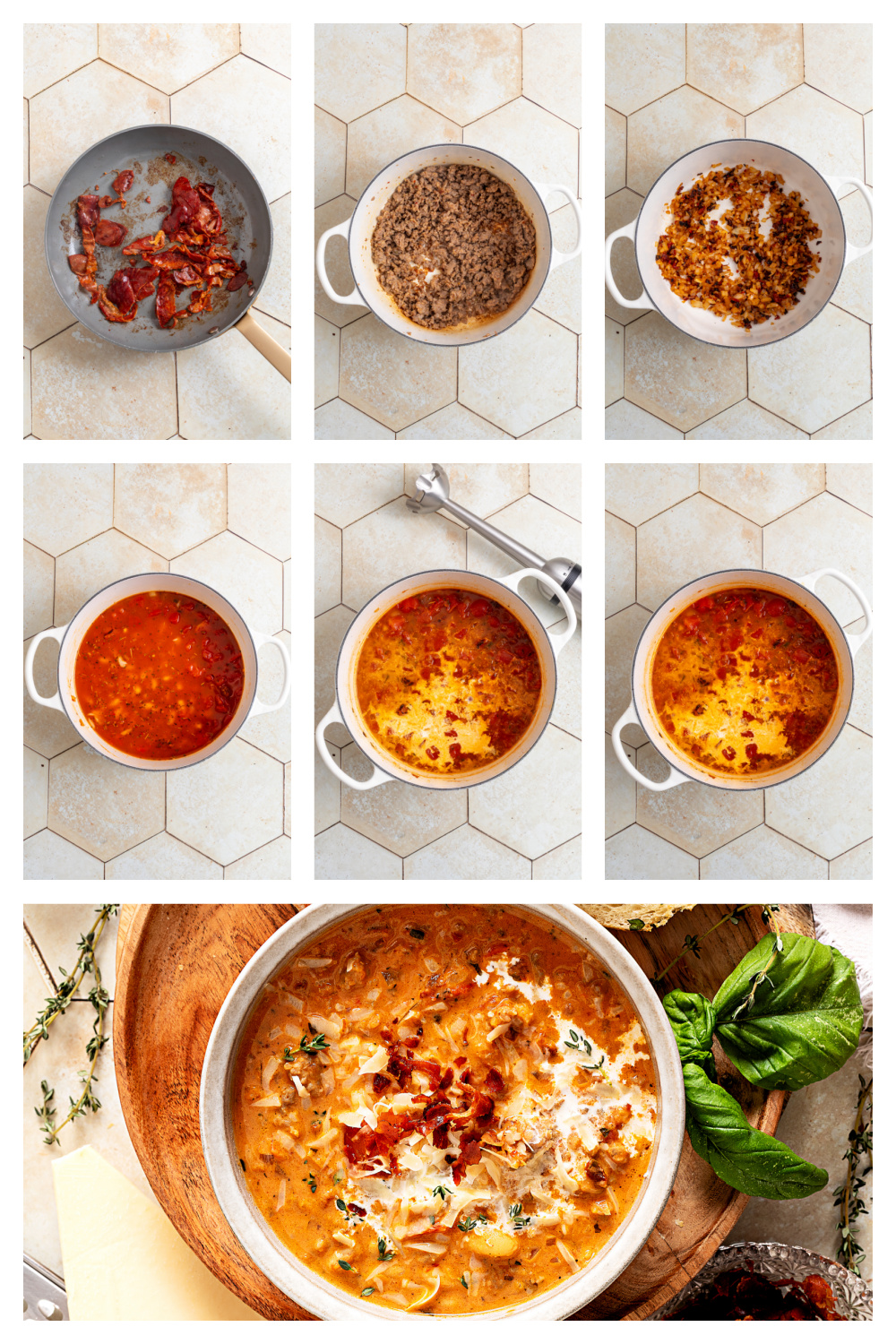 Marry Me White Bean and Sausage Soup cooking process collage showing steps from crisping prosciutto to blending and finishing the creamy Tuscan soup.