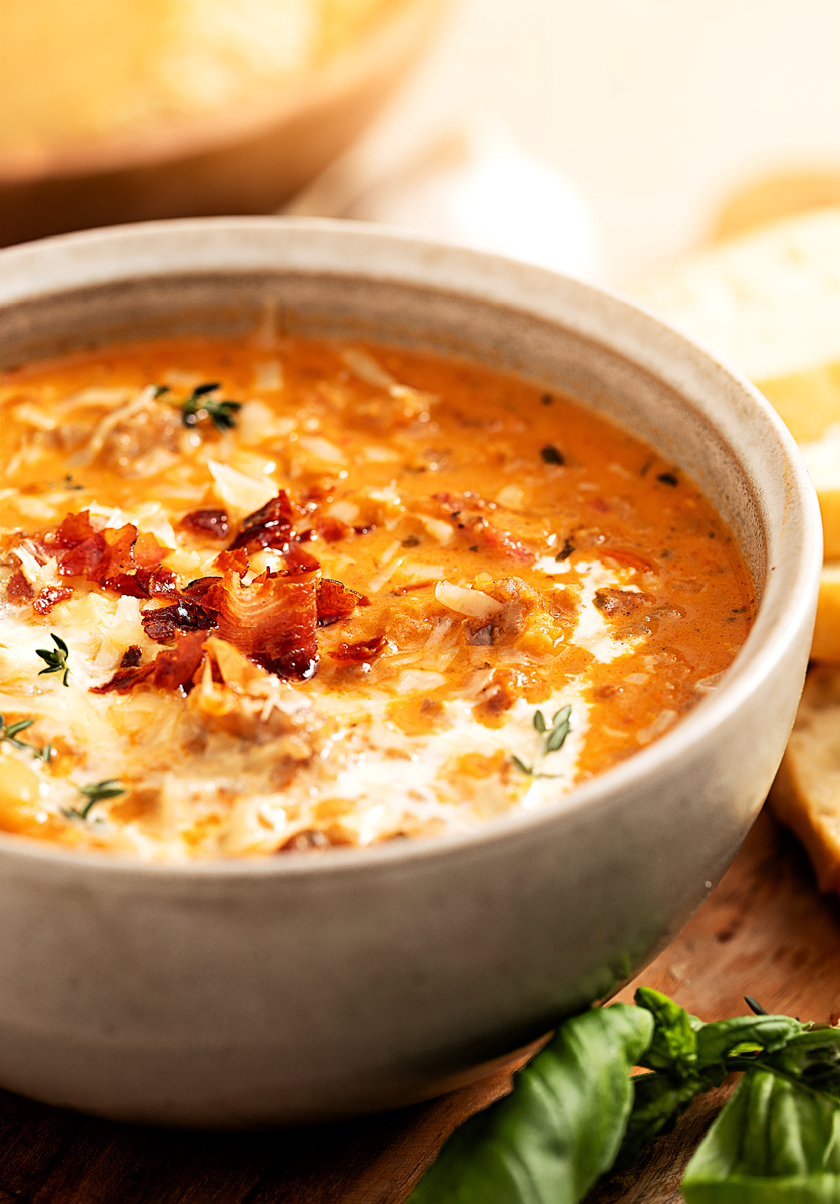 Creamy Tuscan white bean soup with sausage, prosciutto, and herbs in a ceramic bowl, served with fresh basil and bread on a wooden board.