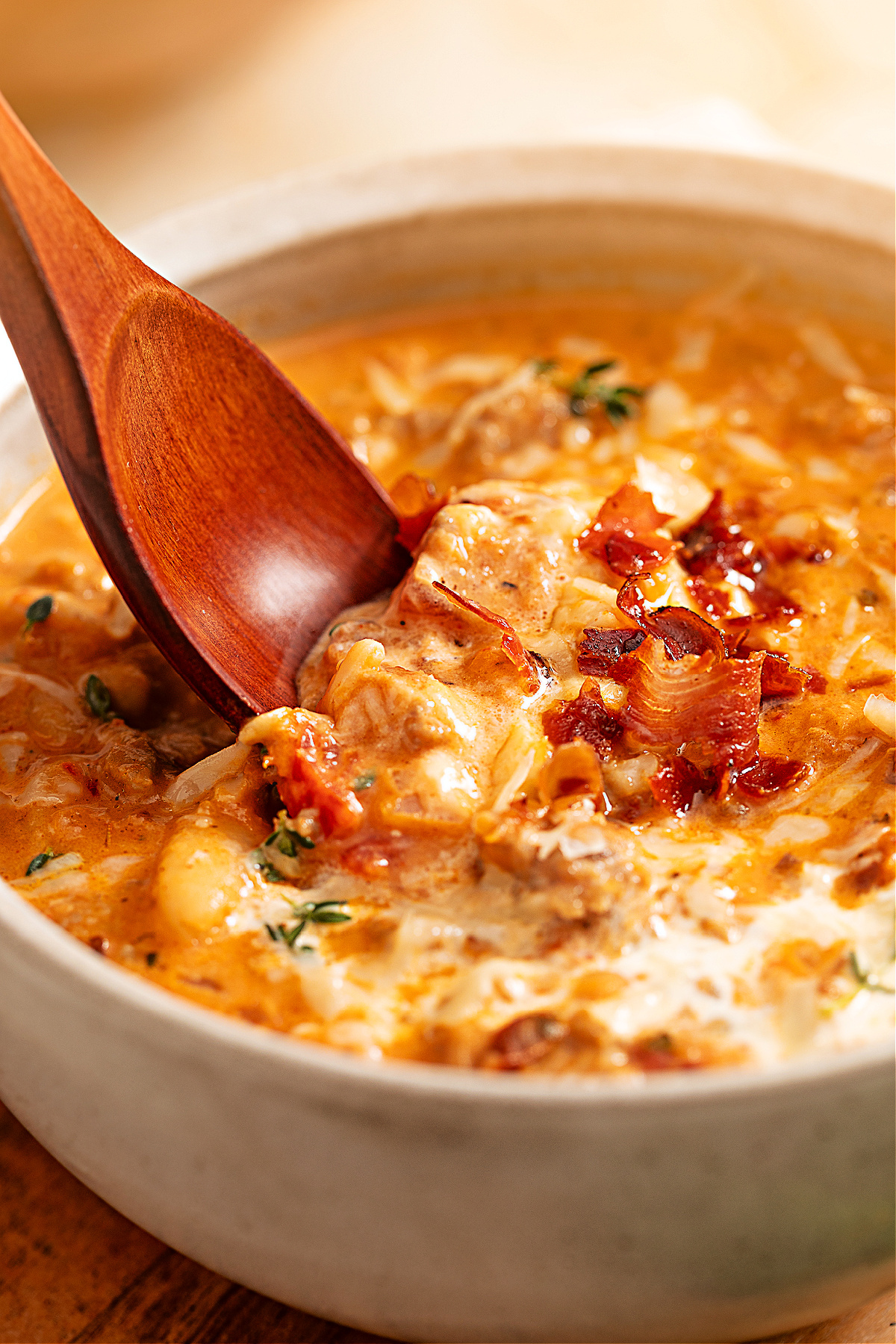 Creamy Tuscan white bean soup with Italian sausage and crisped prosciutto, rich with Parmesan and herbs in a ceramic bowl.