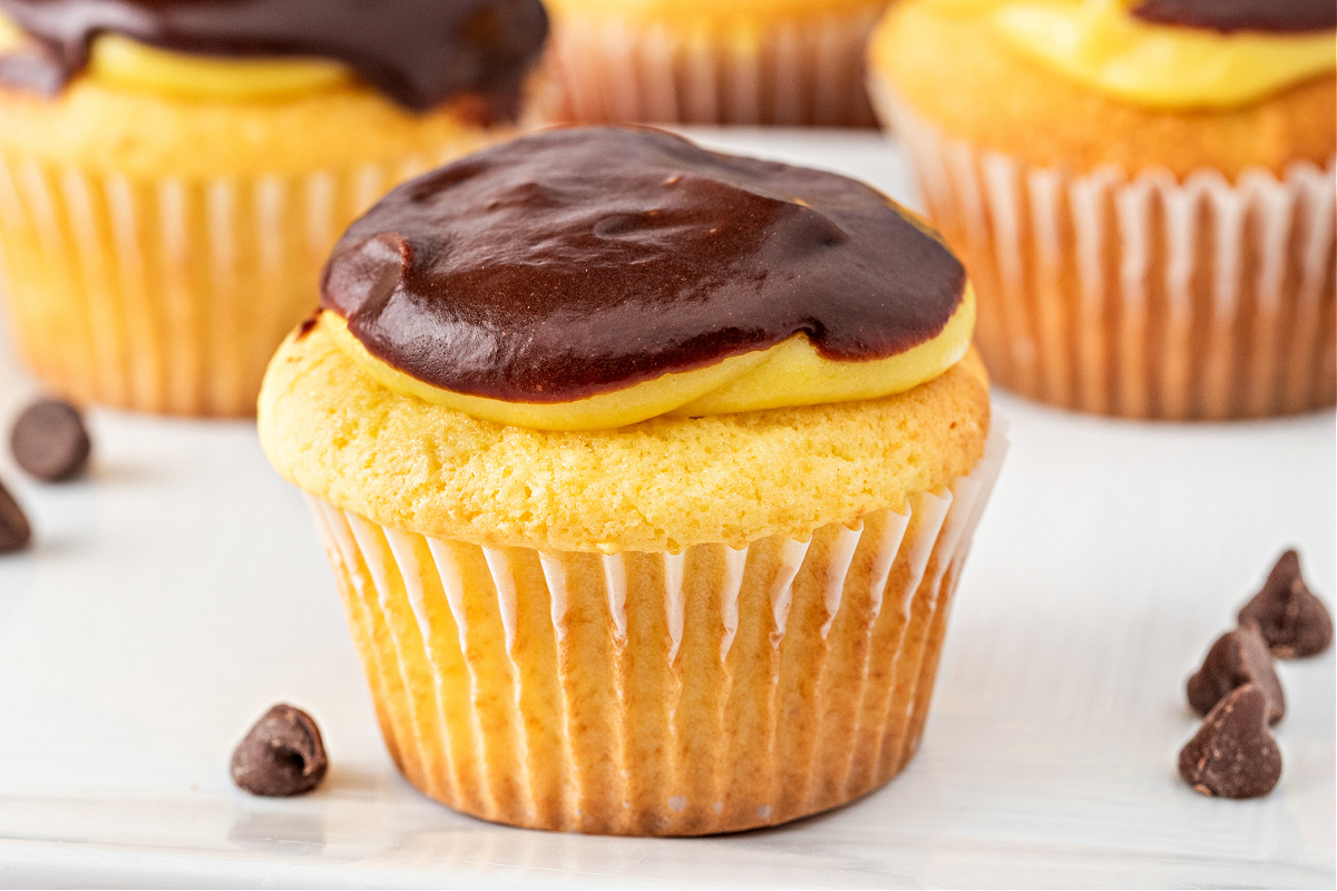 Boston cream pie cupcake topped with vanilla pudding and glossy chocolate ganache, styled on a white surface with chocolate chips scattered around, for Noble Pig