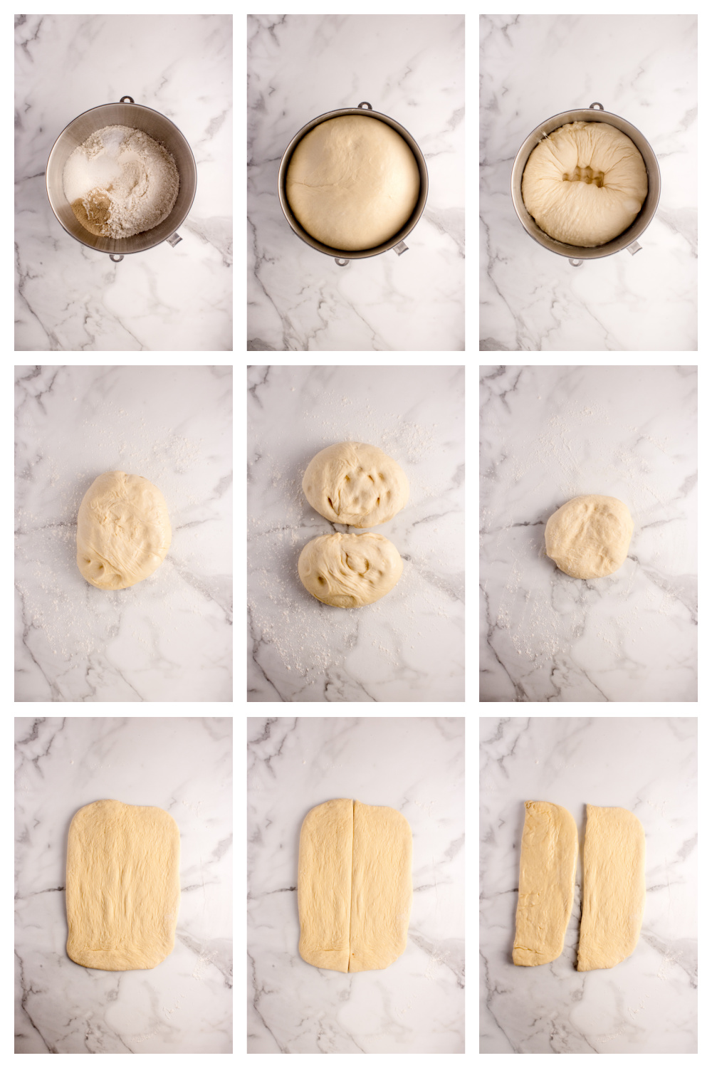 Step-by-step process of mixing and rising enriched Parker House Roll dough.