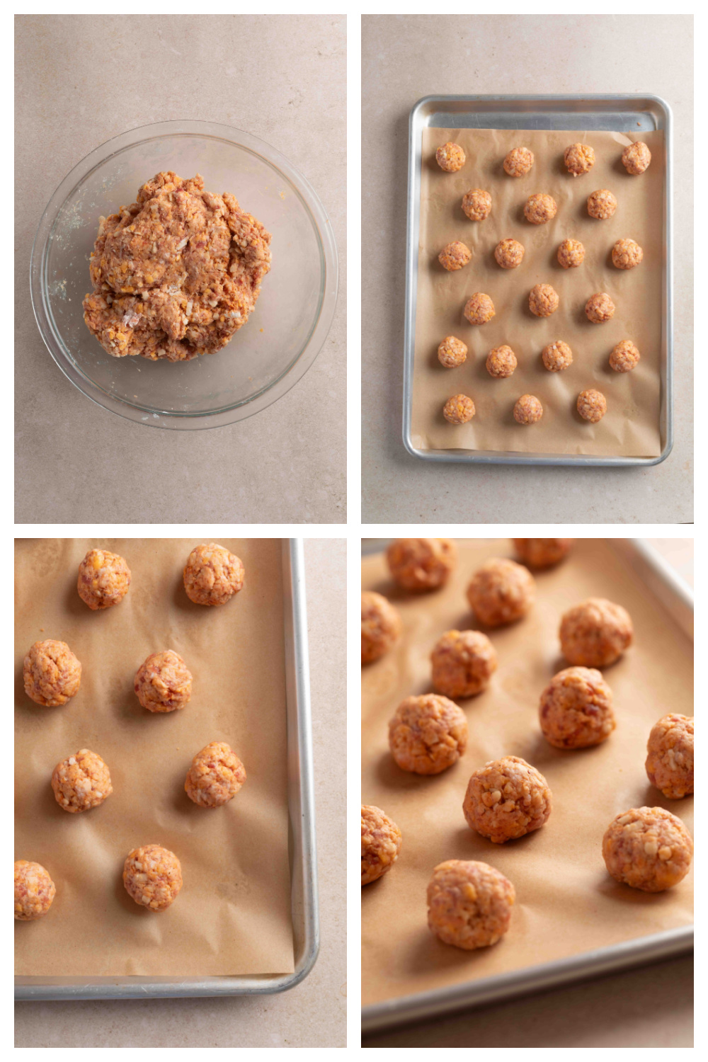 Sausage ball mixture being shaped into small balls and arranged on a parchment-lined baking sheet before baking.