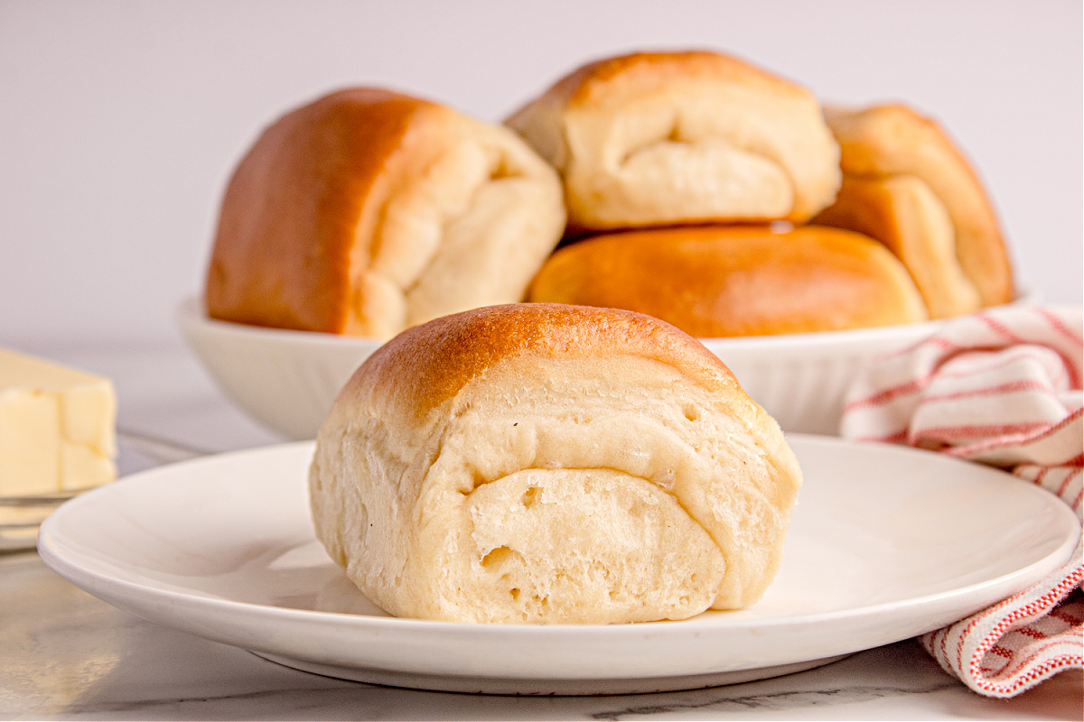 Single Parker House Roll on a plate showing the folded crease and soft enriched-dough interior, by Noble Pig.