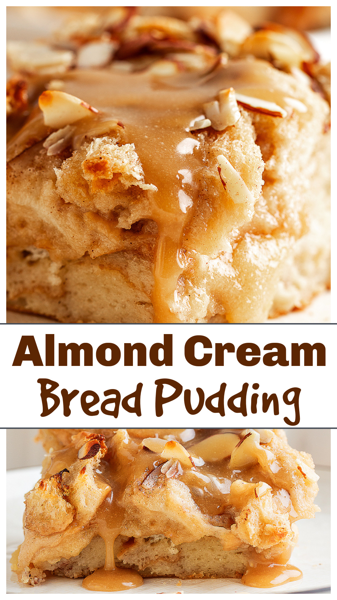 Almond Cream Bread Pudding that tastes like a marzipan-kissed European pastry. Soft custard, hidden pockets of almond cream, and a warm brown sugar butter glaze over the top. This easy bread pudding uses dried Italian or French bread and bakes into a tender, golden dessert perfect for holidays, brunch, or cozy nights in. Simple ingredients, rich almond flavor, and a texture that melts in every bite. via @cmpollak1