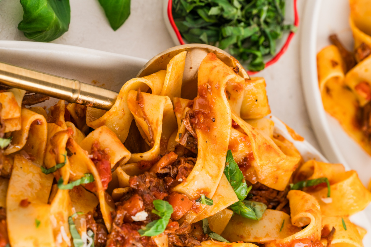 A close-up of wide pappardelle ribbons coated in braised beef rag&ugrave;, twirled on a serving spoon with tomato-rich sauce, fresh herbs, and tender shredded beef.