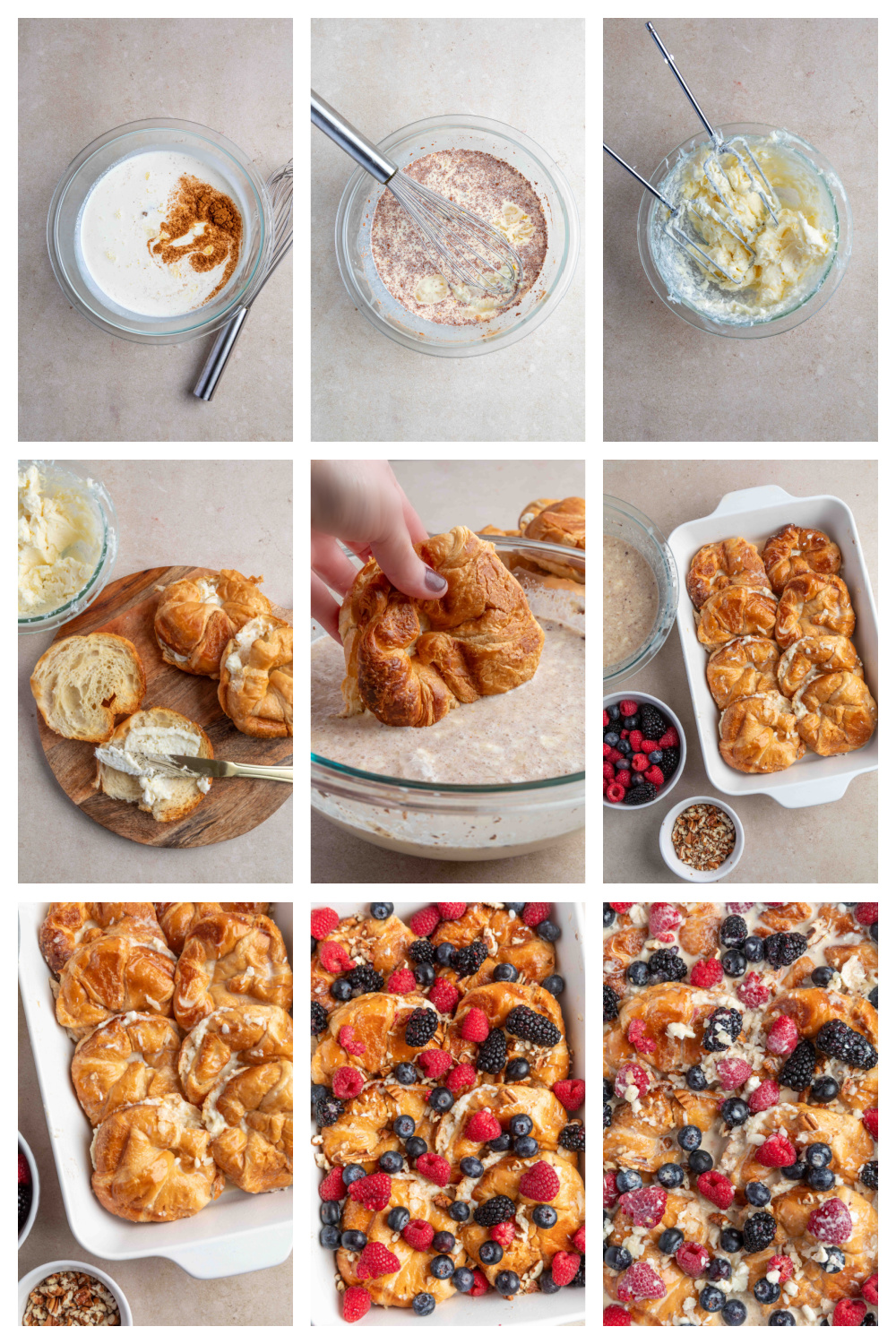 Ingredients for a croissant French toast casserole arranged on a counter, including croissants, cream cheese, eggs, berries, pecans, milk, heavy cream, sugar, butter, cinnamon, vanilla, and salt.