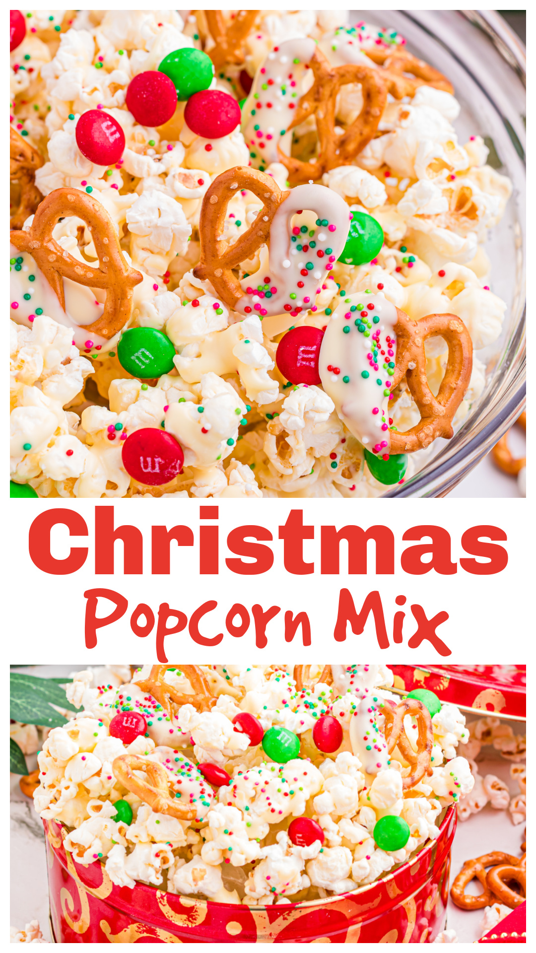 This Christmas Popcorn Mix is a festive holiday snack made with fluffy popcorn, creamy white chocolate, crunchy pretzels, red and green M&M&rsquo;s, and sprinkles. Easy to make and perfect for gifting, this sweet and salty popcorn mix is ideal for Christmas movie nights, edible gifts, and holiday parties. Make it ahead, portion into bags or tins, and keep it on the counter all season long for sharing with family, neighbors, and kids during the holidays. via @cmpollak1