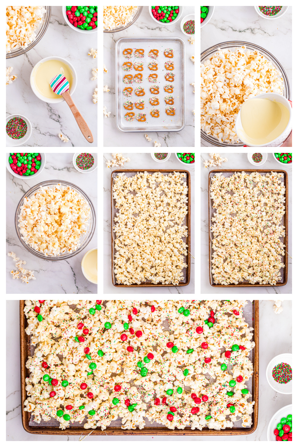 How to make Christmas popcorn mix with white chocolate&ndash;coated popcorn spread on a baking sheet and topped with candy and sprinkles.