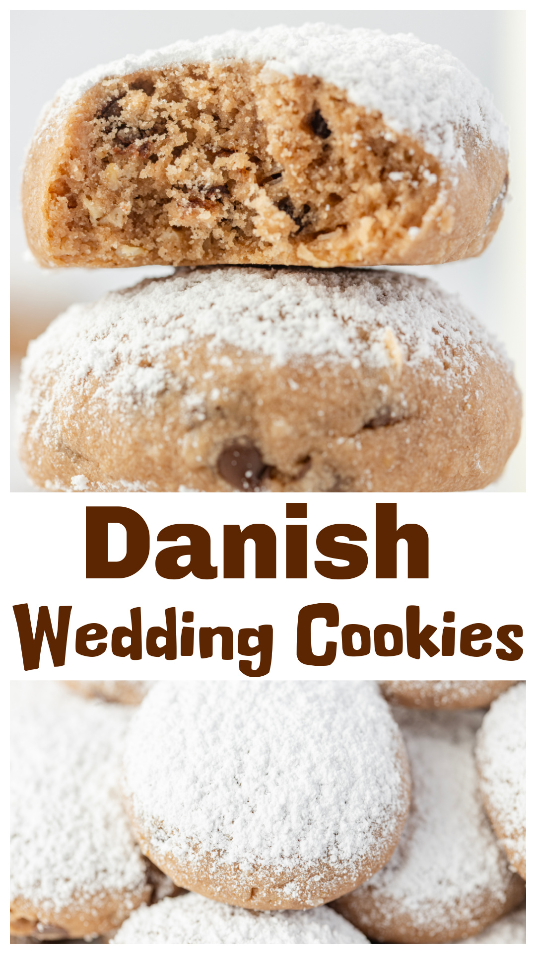 Danish Wedding Cookies are a classic Christmas cookie for holiday baking. These soft butter cookies are rolled in powdered sugar and baked until tender with chocolate chips, oats, and coconut. Perfect for Christmas cookie exchanges, holiday cookie trays, gifting, or winter baking. An easy meltaway-style cookie that looks beautiful on any Christmas dessert table. via @cmpollak1