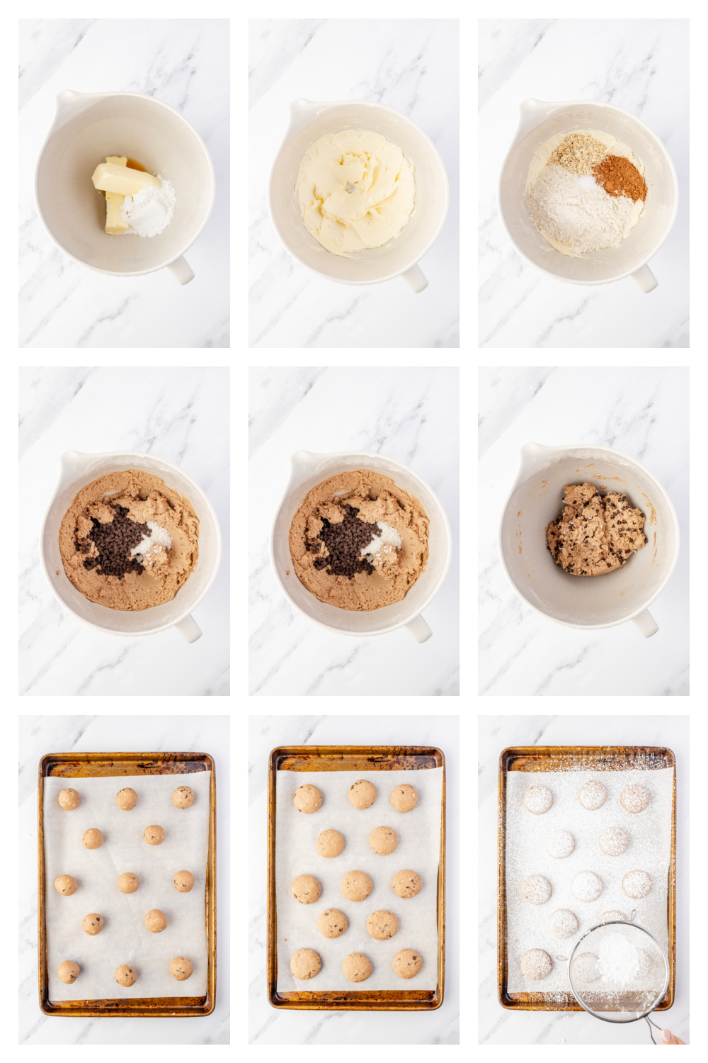 A nine-image collage showing the dough being mixed, shaped, baked, and finished with confectioners&rsquo; sugar.