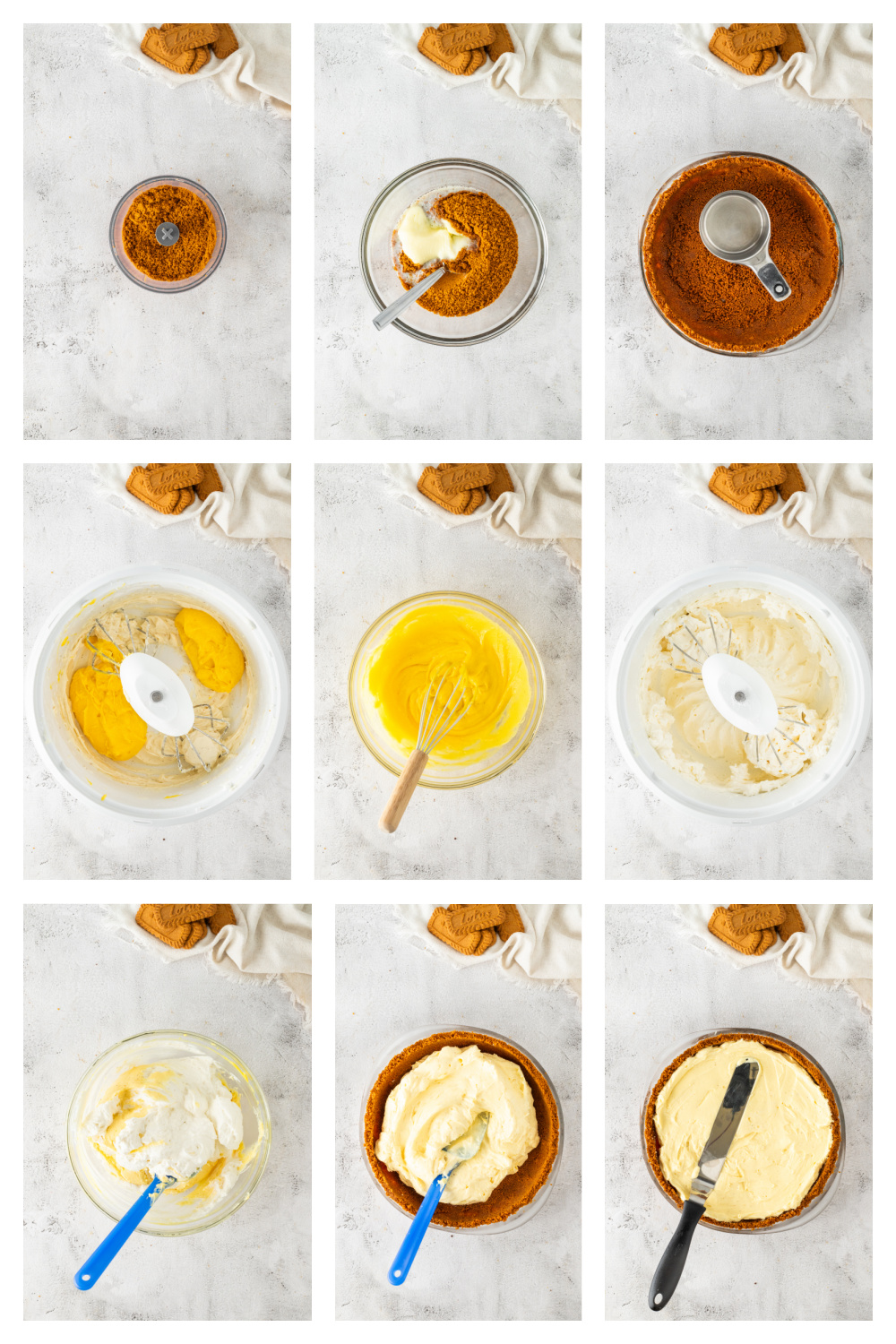 Step-by-step process showing the crust being mixed and pressed, the eggnog filling blended until smooth, whipped cream folded in, and the filling spread evenly into the prepared crust.