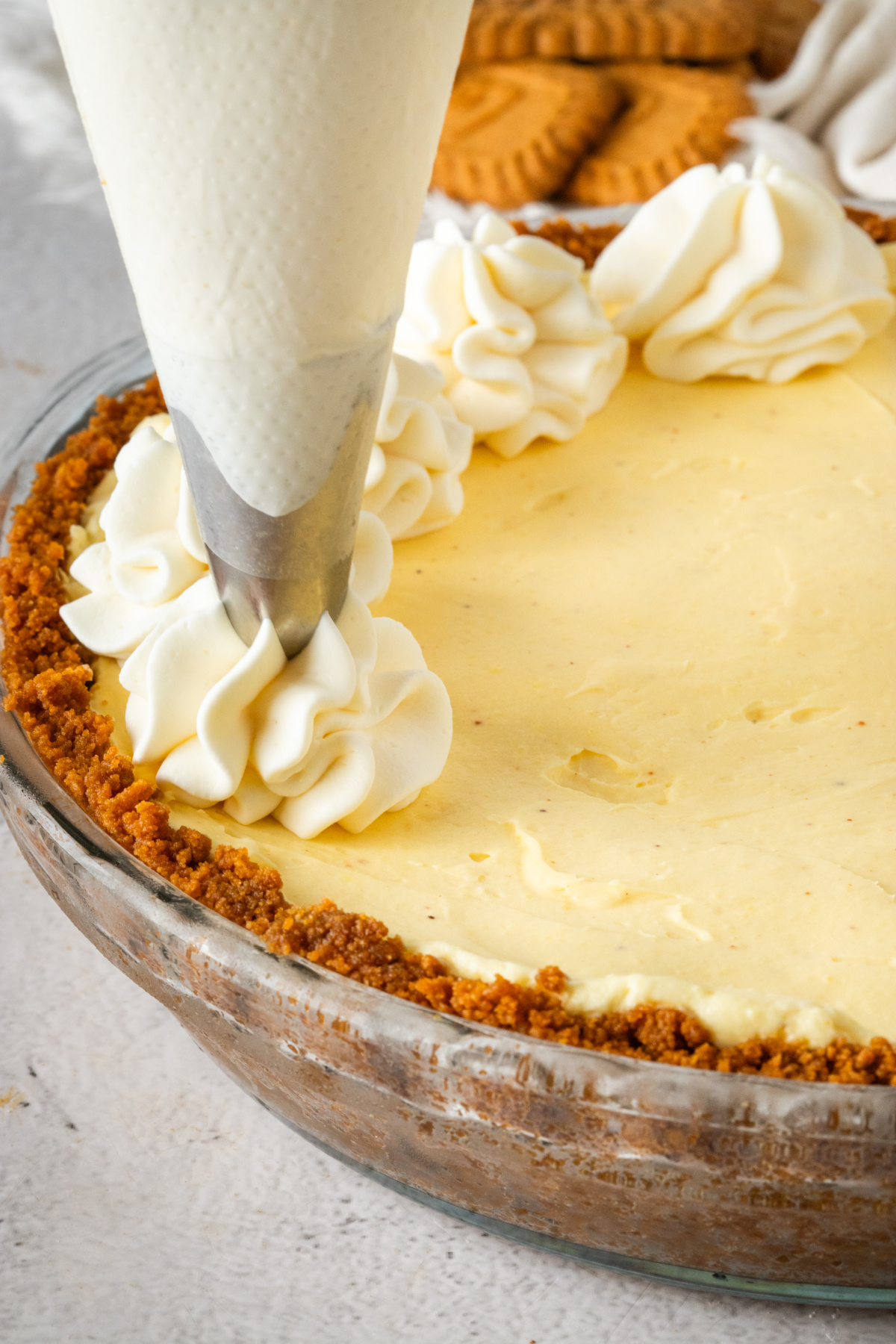 Whipped cream being piped in a decorative border around a chilled eggnog cream pie set in a cookie crust.