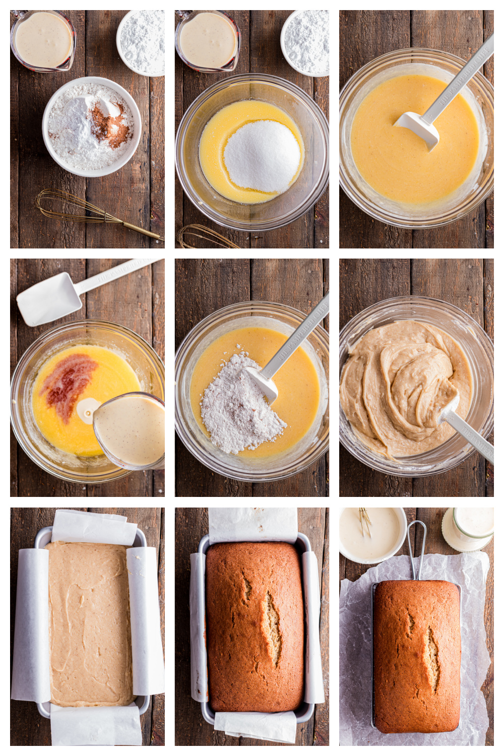 Step-by-step process showing eggnog quick bread batter being mixed, poured into a parchment-lined loaf pan, baked until golden, and cooled before glazing.