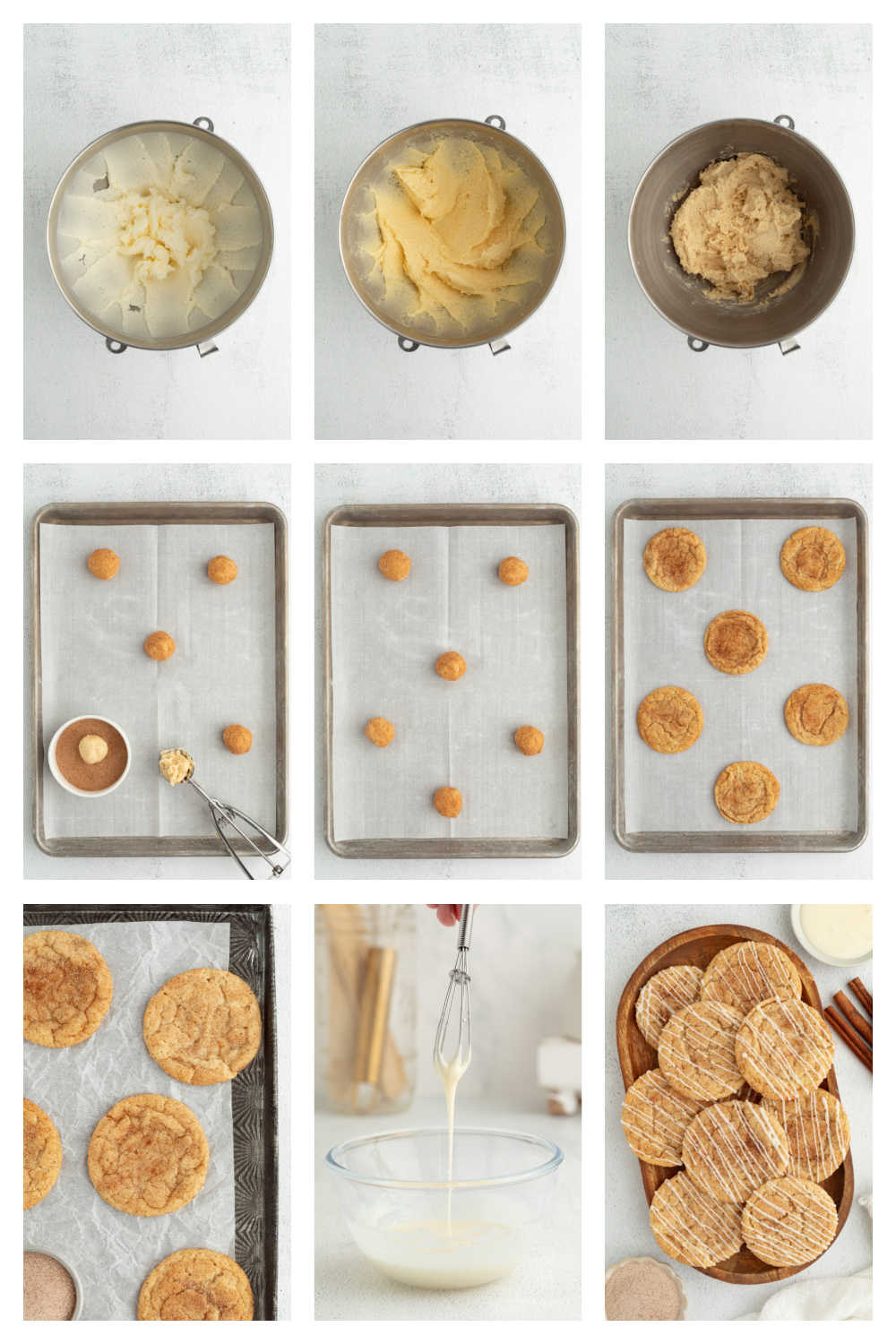 Step-by-step process of mixing, scooping, and baking snickerdoodle cookie dough on sheet pans.