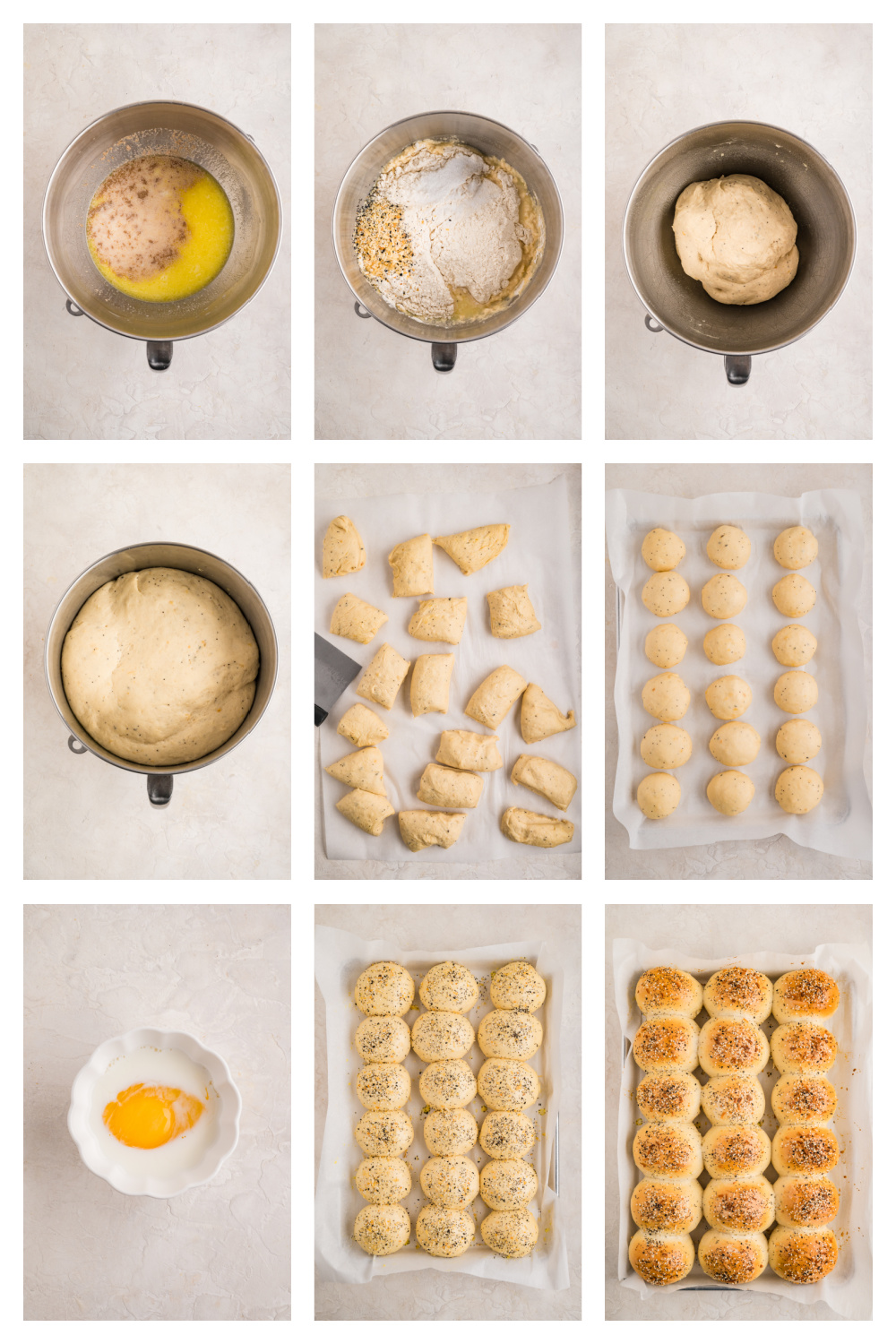 Step-by-step process showing yeast dough coming together in a stand mixer, rising until doubled, divided into pieces, shaped into rolls, brushed with egg wash, topped with seasoning, and baked until golden.