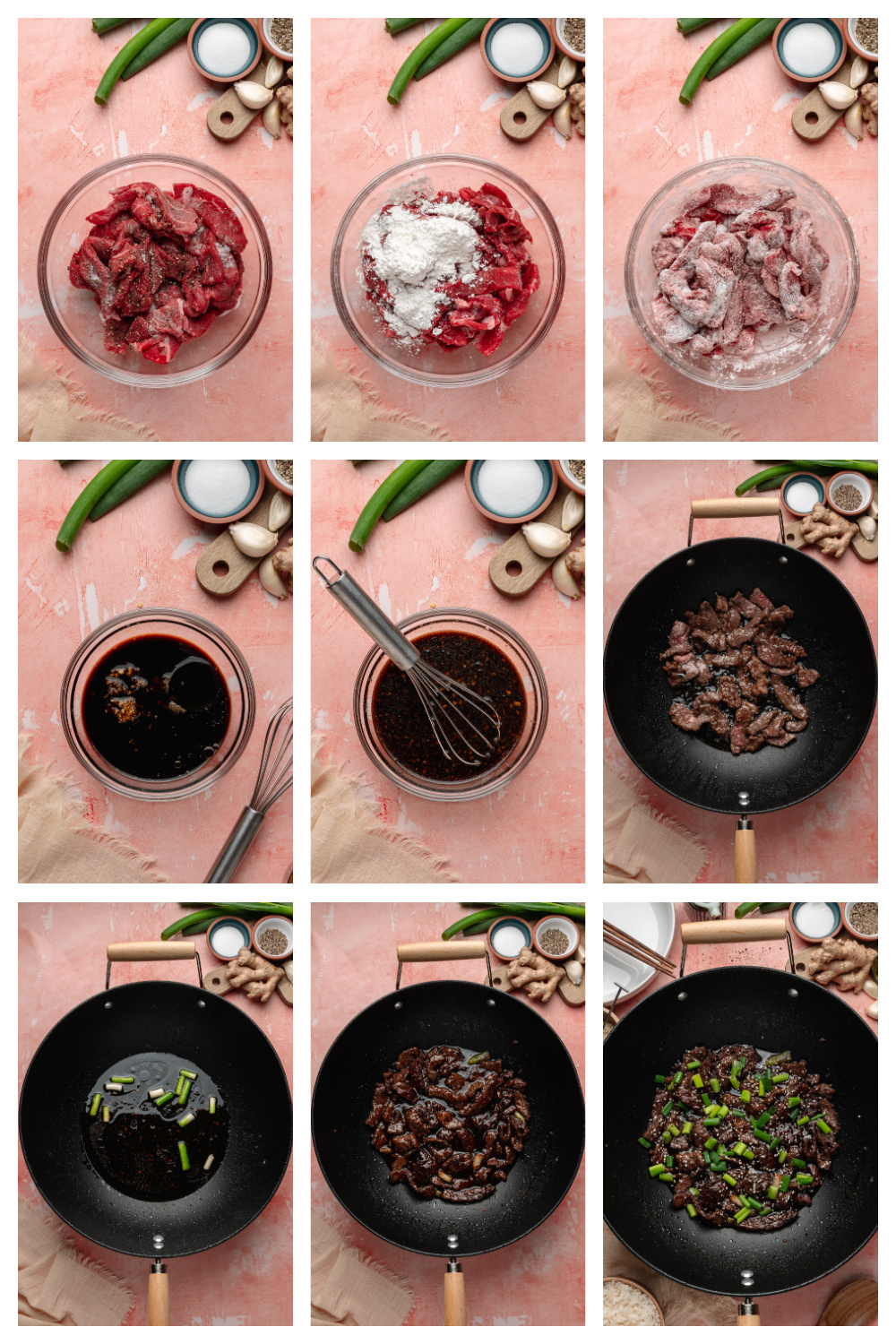 Step by step process showing sliced beef coated in cornstarch, sauce whisked in a bowl, beef seared in a wok, and finished with green onions in the pan.