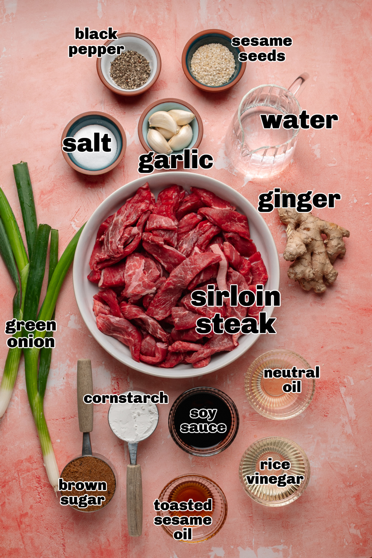 Ingredients for a ginger soy beef stir fry arranged on a surface, including sliced sirloin, green onions, garlic, fresh ginger, soy sauce, brown sugar, cornstarch, oil, and seasonings.