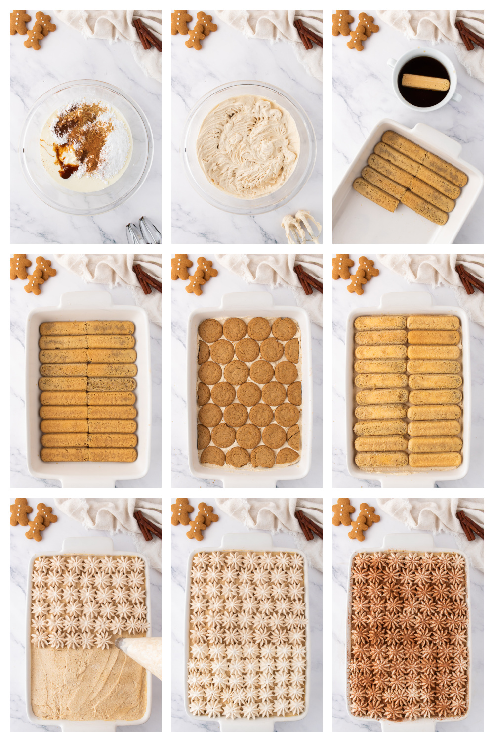 A step-by-step collage showing how to assemble gingerbread tiramisu, from mixing the spiced mascarpone cream to dipping ladyfingers, layering gingersnaps, spreading the cream, and finishing with piped stars and cocoa.