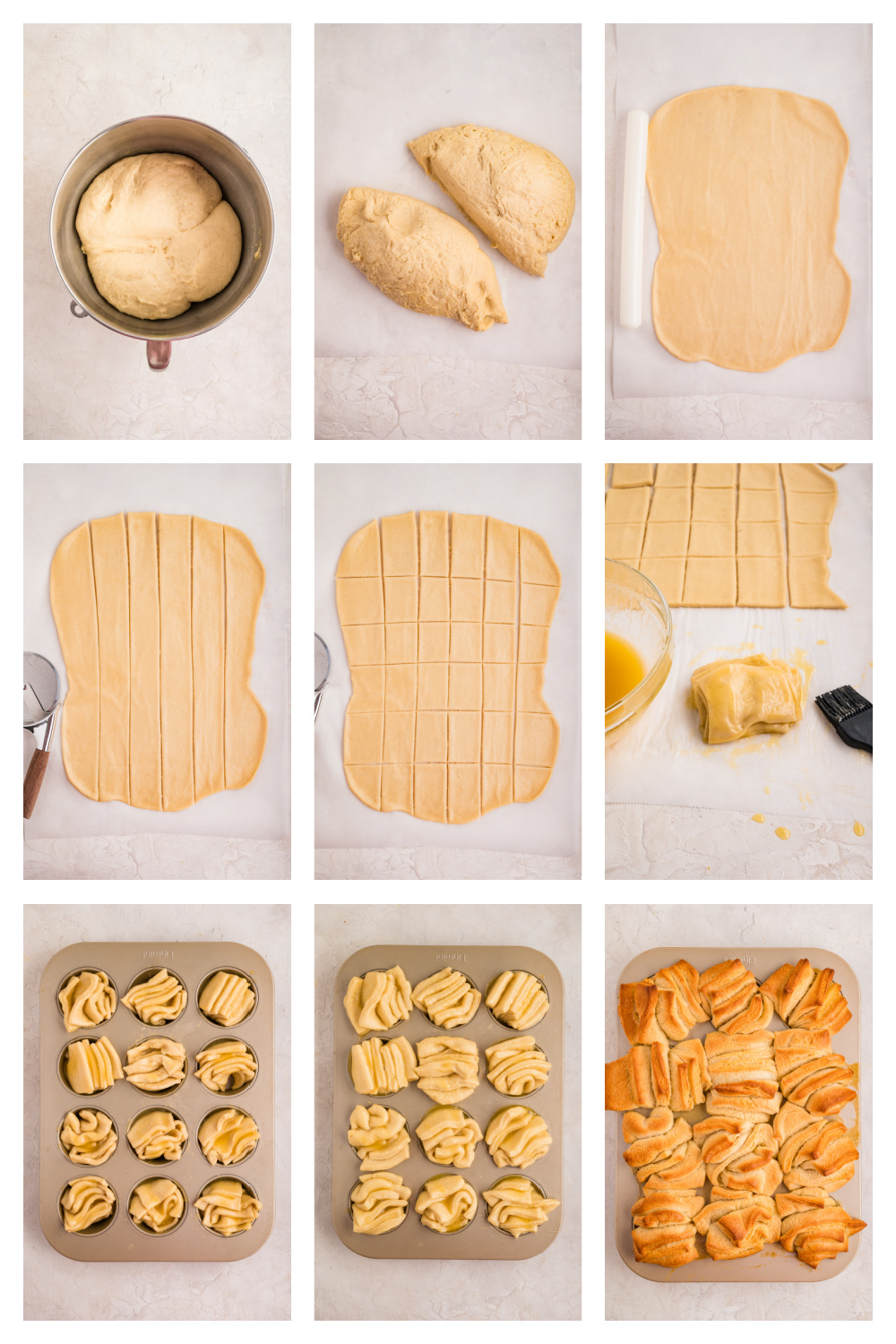 Step-by-step process showing dough rising, rolling, cutting, stacking, and baking pull-apart rolls in a muffin tin.