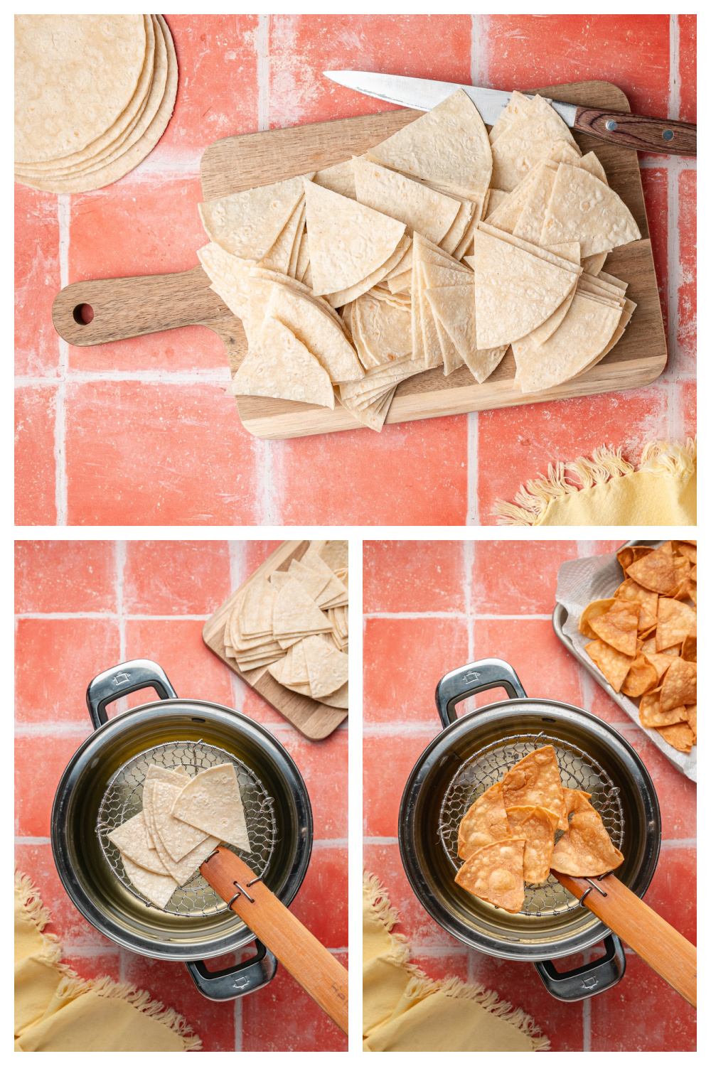 Corn tortillas cut into wedges on a cutting board before frying. 