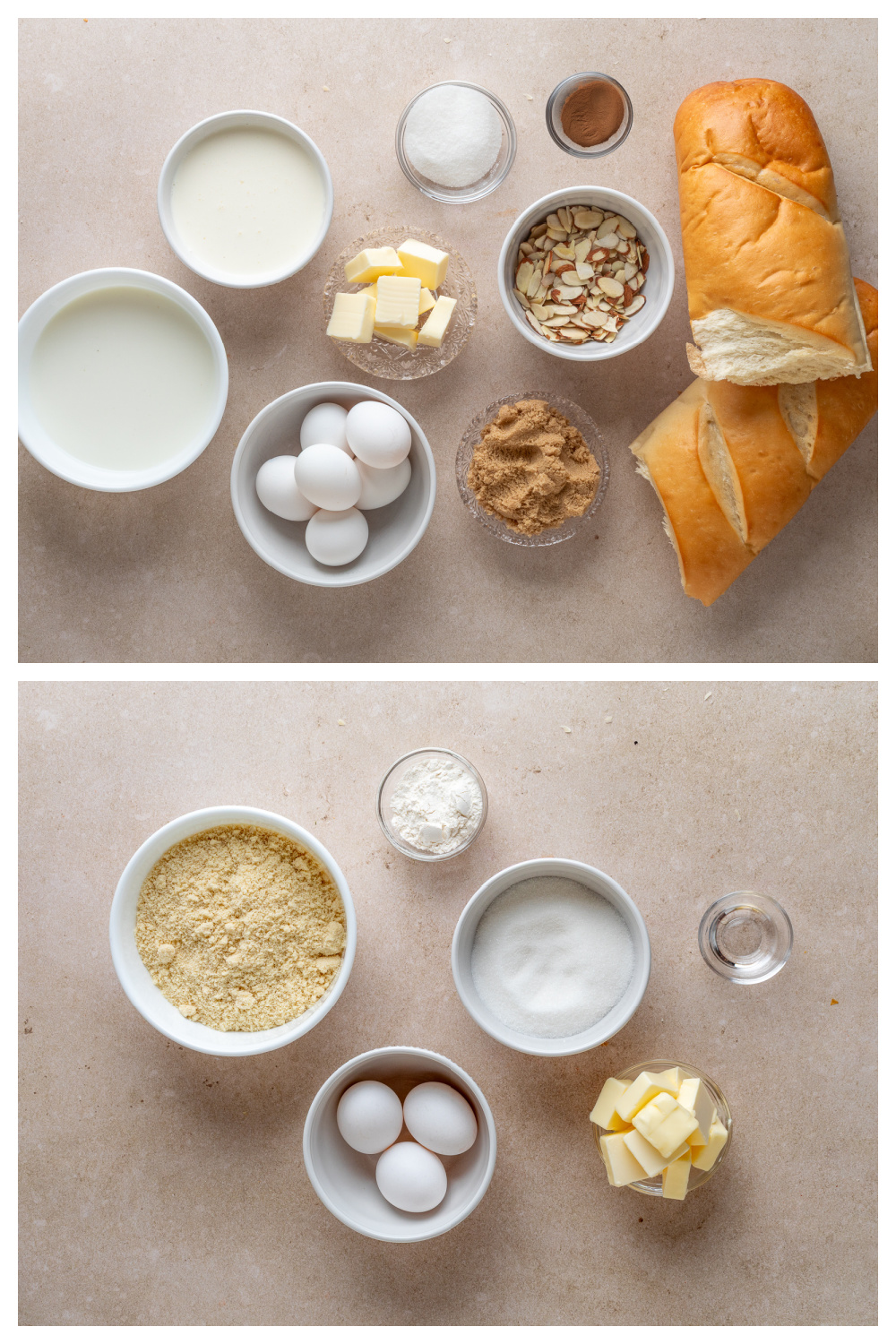 ingredients ingredients for almond cream bread pudding with marzipan