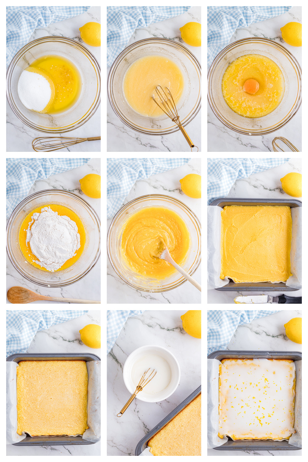 Step-by-step process of making lemon dessert bars, showing mixing the batter, spreading it into a parchment-lined pan, baking, and glazing.
