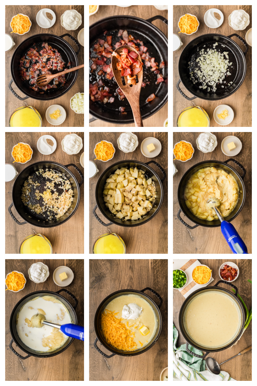 Step-by-step process of making creamy potato soup, from rendering bacon and saut&eacute;ing onions to blending the potatoes and stirring in dairy.