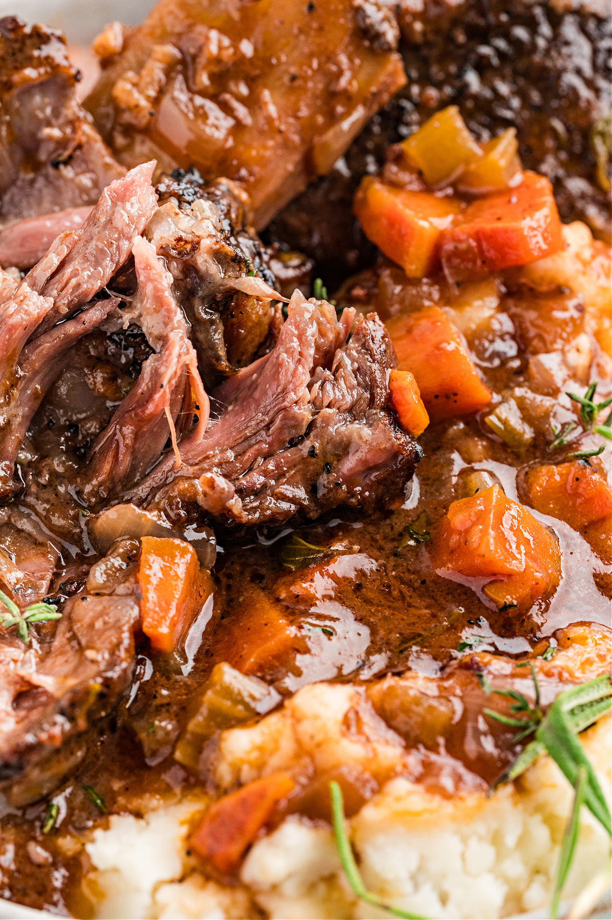 Close-up of oven-braised short ribs pulled apart in a rich sauce with carrots and herbs, showing the tender texture after long cooking.