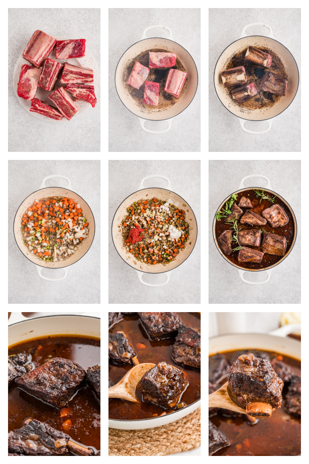Step-by-step process showing beef short ribs being seasoned, seared, simmered with vegetables and sauce, then returned to the pot to braise until tender.