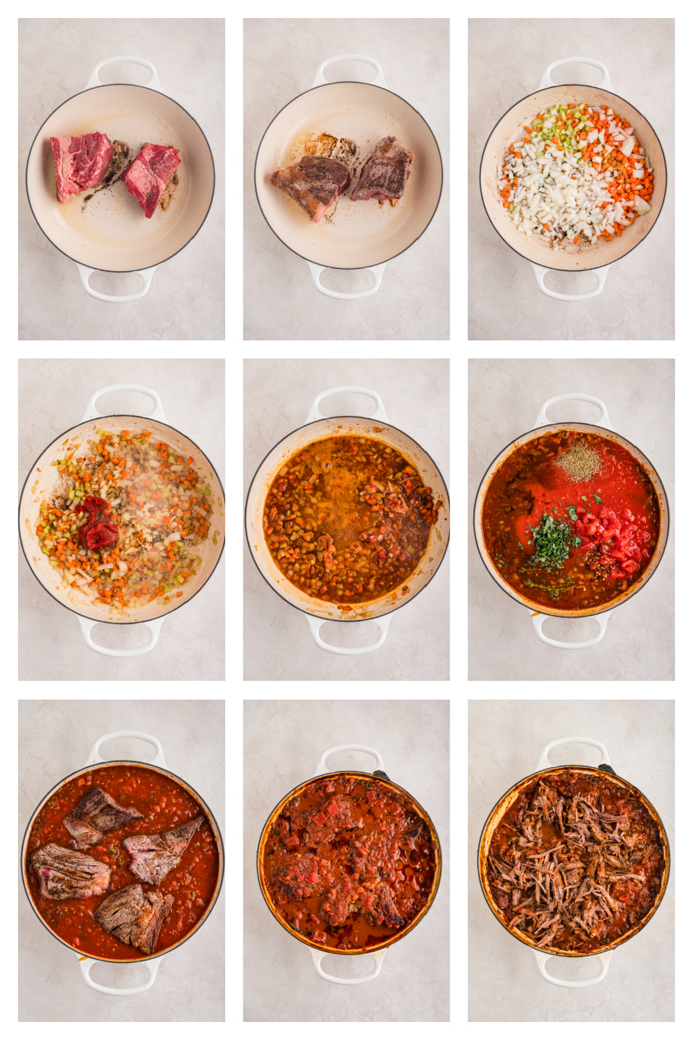 Step-by-step process images showing searing beef, softening soffritto, adding tomatoes and herbs, braising the sauce, and shredding the cooked beef for a hearty rag&ugrave;.