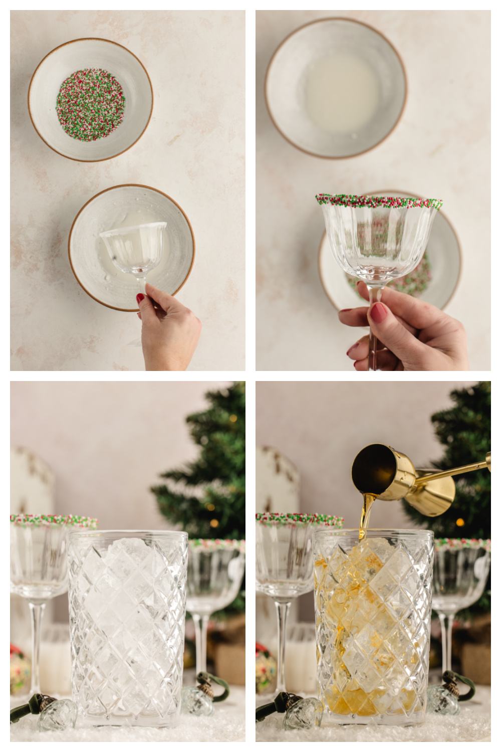 A step-by-step collage showing a glass being dipped in frosting and sprinkles, then filled shaker-style with ice and liqueur to prepare a festive holiday martini.