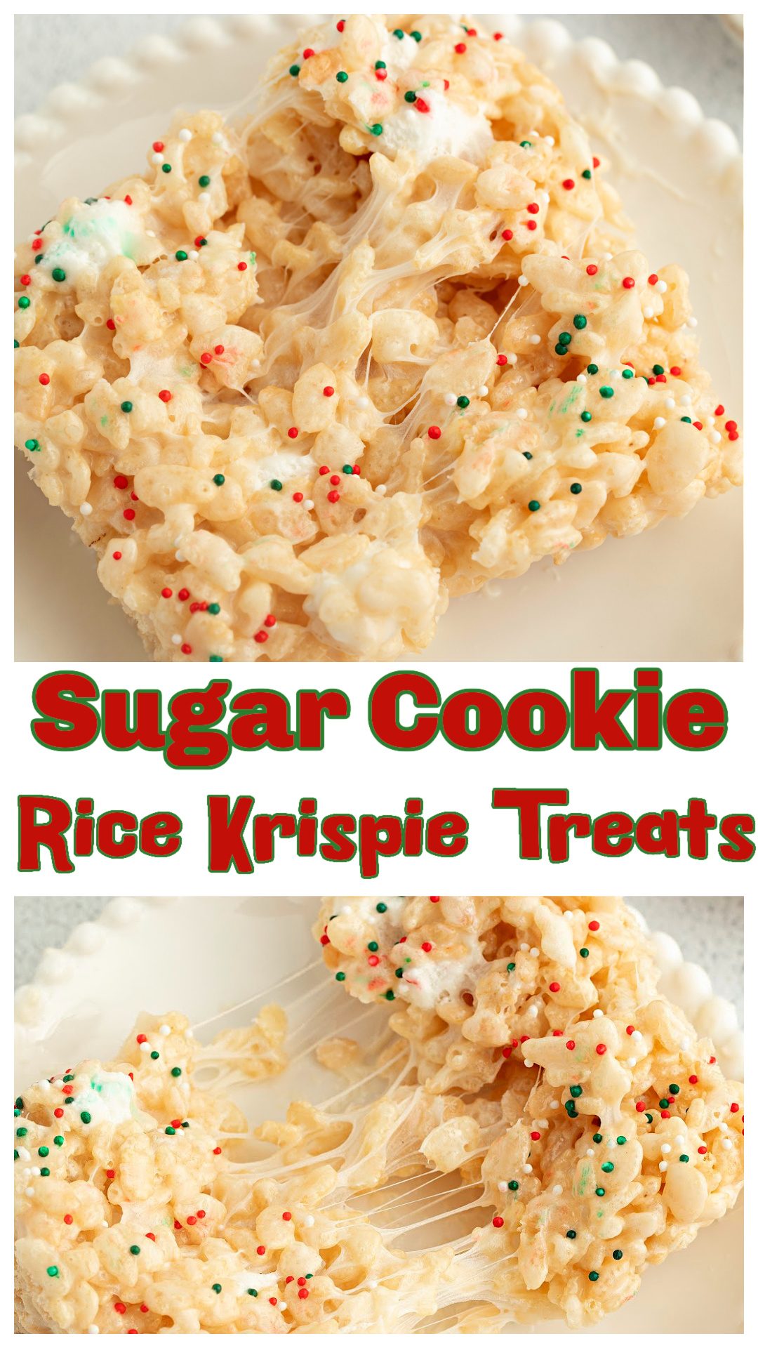 Christmas Sugar Cookie Rice Krispie Treats made with butter, vanilla, almond extract, and sugar cookie mix for classic sugar cookie flavor in a no-bake bar. Soft, gooey, and finished with holiday sprinkles, these Rice Krispie treats are easy to make, don&rsquo;t require an oven, and are perfect for Christmas dessert trays, parties, and Santa plates. via @cmpollak1