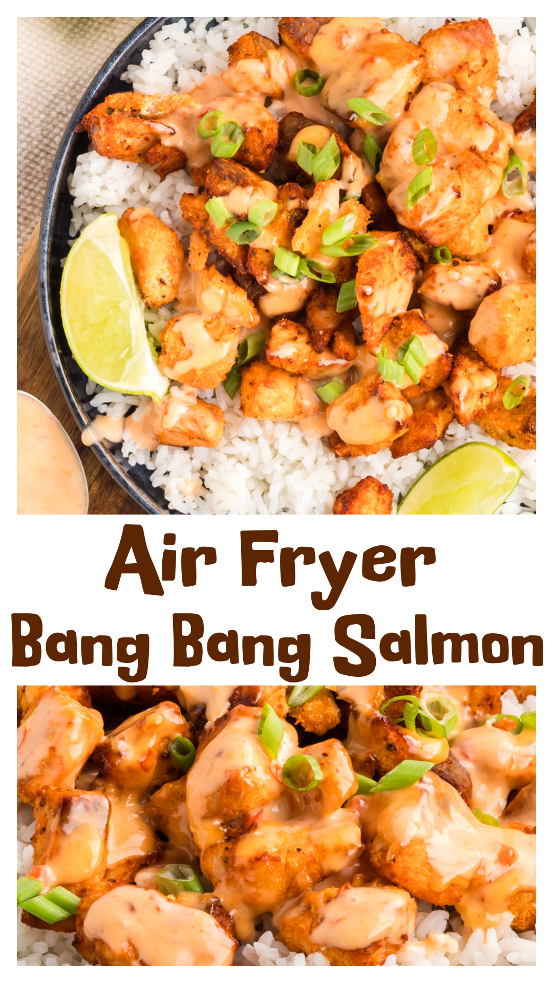 Air fryer bang bang salmon bites made with cubed salmon, a creamy bang bang sauce, and a high-heat cooking method that keeps the fish tender inside with crisp edges outside. The sauce is added after cooking so the salmon stays golden and defined. A fast air fryer salmon bites recipe that works for dinner or appetizers and pairs well with rice, vegetables, or salads. via @cmpollak1