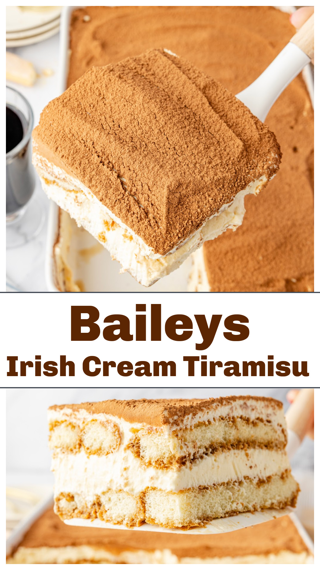 Baileys Irish Cream Tiramisu with espresso-soaked ladyfingers, mascarpone cream, and cocoa. A classic make-ahead dessert with an Irish cream twist. via @cmpollak1