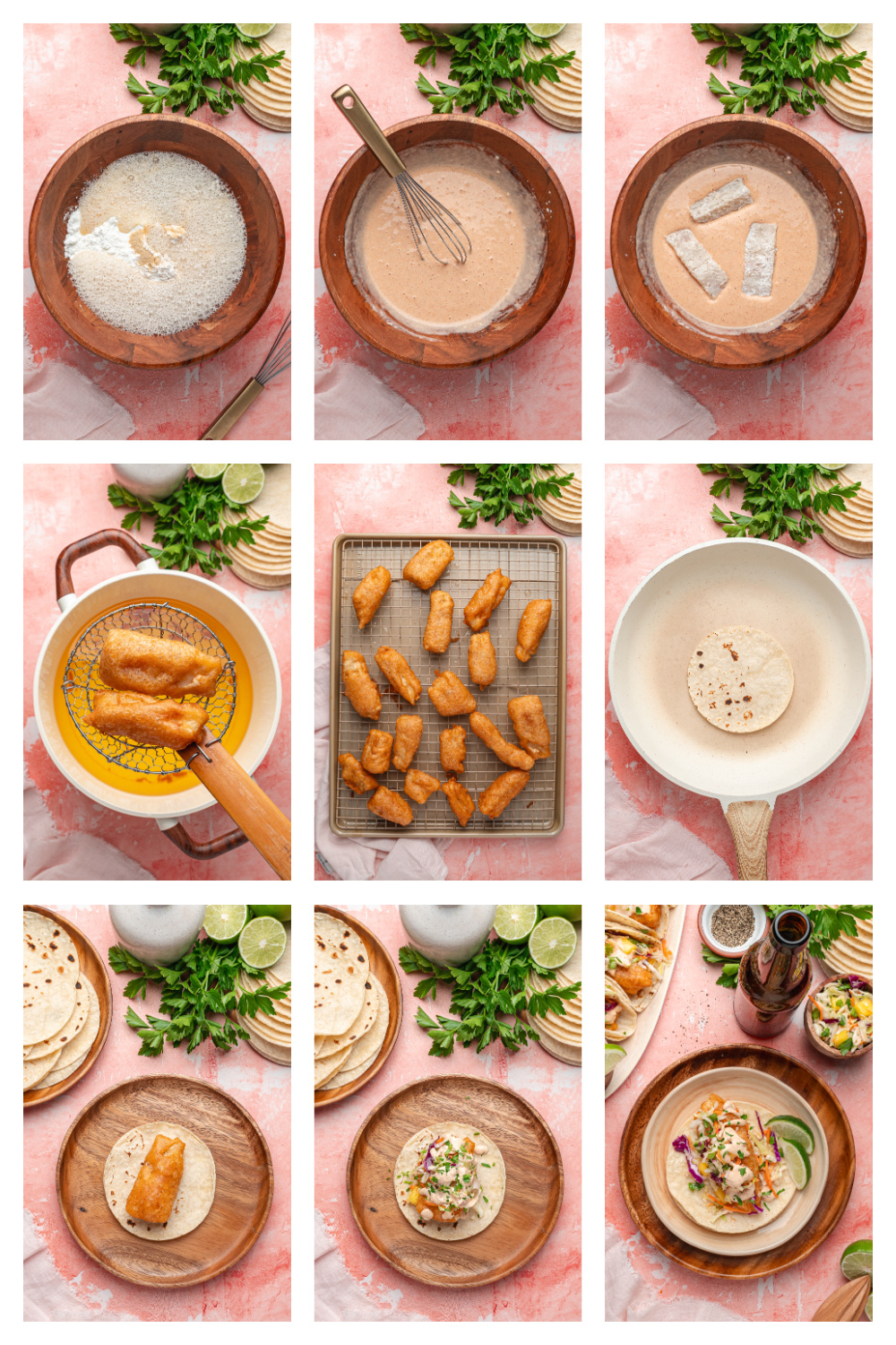 Beer-battered fish tacos shown through the frying and assembly process, from battered cod frying in oil to tortillas filled with fish, mango slaw, and sauce.