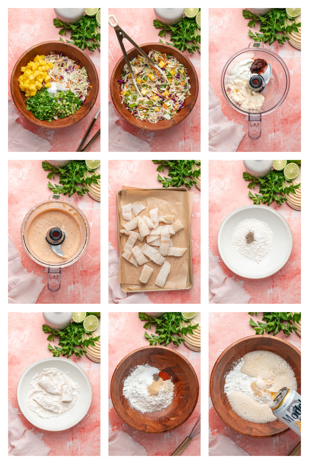 Step-by-step process showing mango slaw mixed in a bowl, chipotle lime sauce blended, cod cut and seasoned, flour dredge prepared, beer batter mixed, and fish coated before frying.