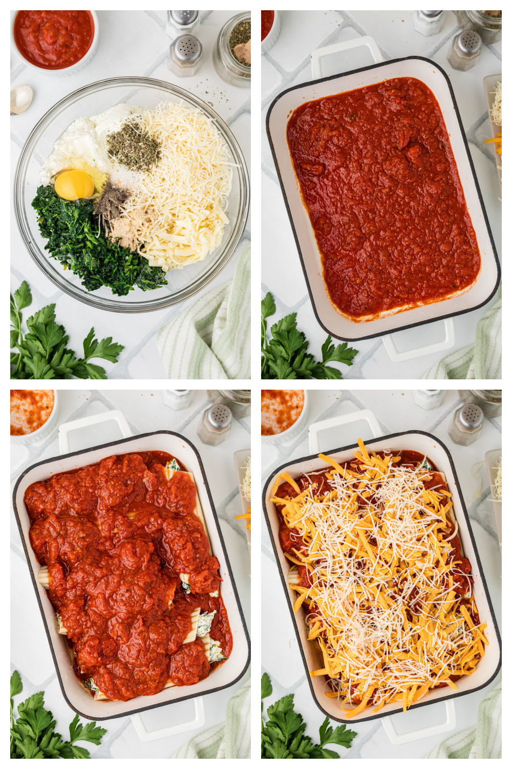Step-by-step process of assembling manicotti with ricotta filling, marinara sauce, and shredded cheddar in a baking dish