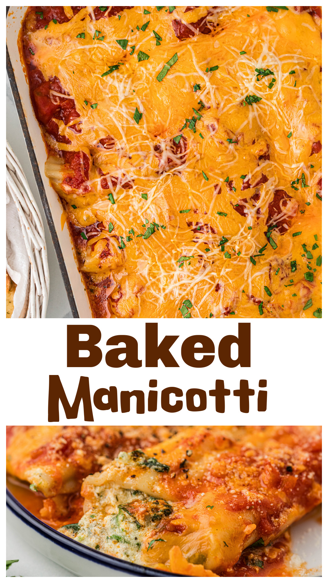 Baked manicotti made with tender pasta shells stuffed with ricotta, spinach, mozzarella, and cheddar, baked in marinara until bubbly and golden. This easy baked manicotti recipe is rich, cheesy, and perfect for make-ahead dinners, family meals, or feeding a crowd. A classic baked pasta dish with a sharp cheddar finish that sets it apart. via @cmpollak1