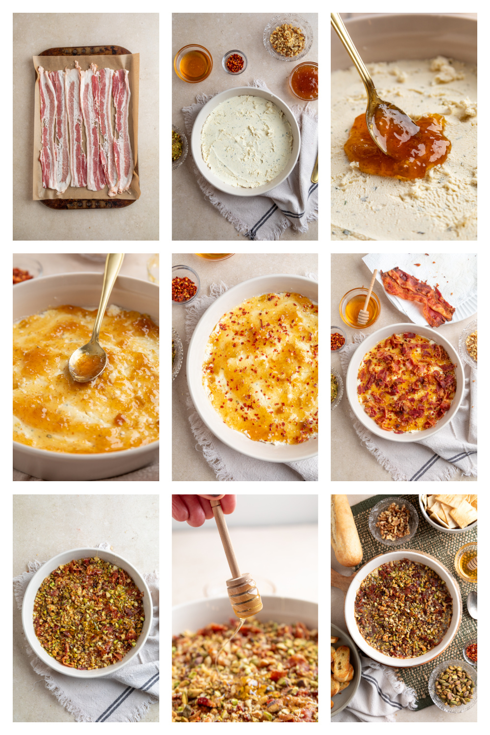 Step-by-step process showing how to make Boursin Bacon Pistachio & Fig Dip, from cooking the bacon to layering the cheese, fig preserves, nuts, and hot honey.