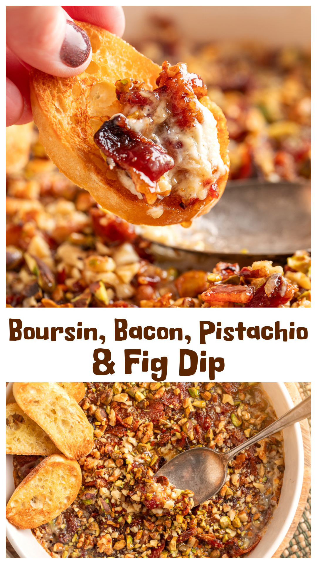 Boursin bacon pistachio fig dip baked until warm and bubbly with garlic herb Boursin, fig preserves, crisp bacon, pistachios, walnuts, red pepper flakes, and hot honey. This easy baked Boursin dip is creamy, crunchy, sweet, salty, and spicy in every bite. A make-ahead appetizer that works for holidays, parties, and entertaining, served hot with crackers, bread, or pita chips. via @cmpollak1