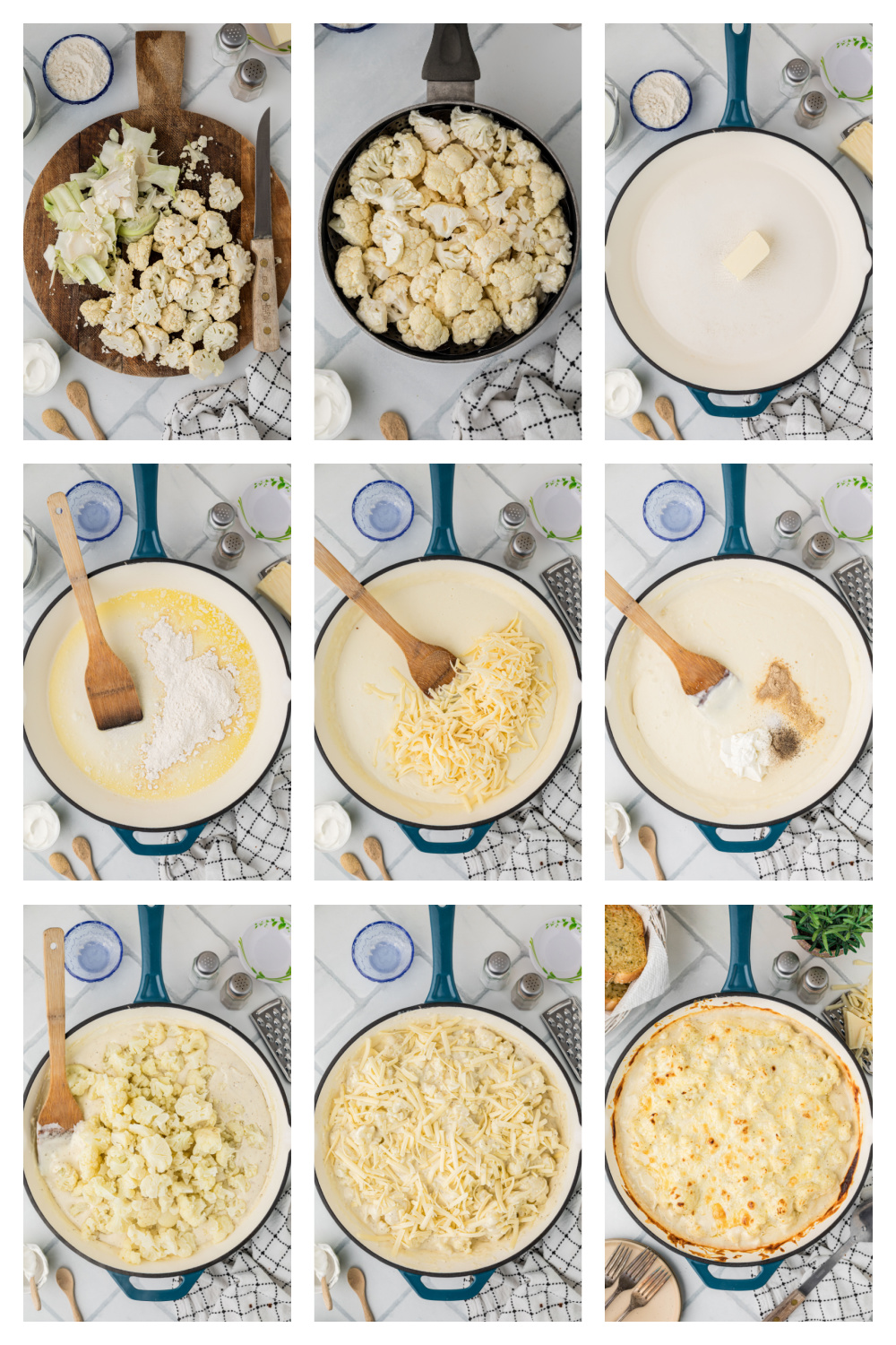 Step-by-step process showing cauliflower being chopped and steamed, butter melted in a skillet, flour whisked into a roux, cheese sauce stirred smooth, cauliflower folded into the sauce, topped with cheese, and baked until bubbling.