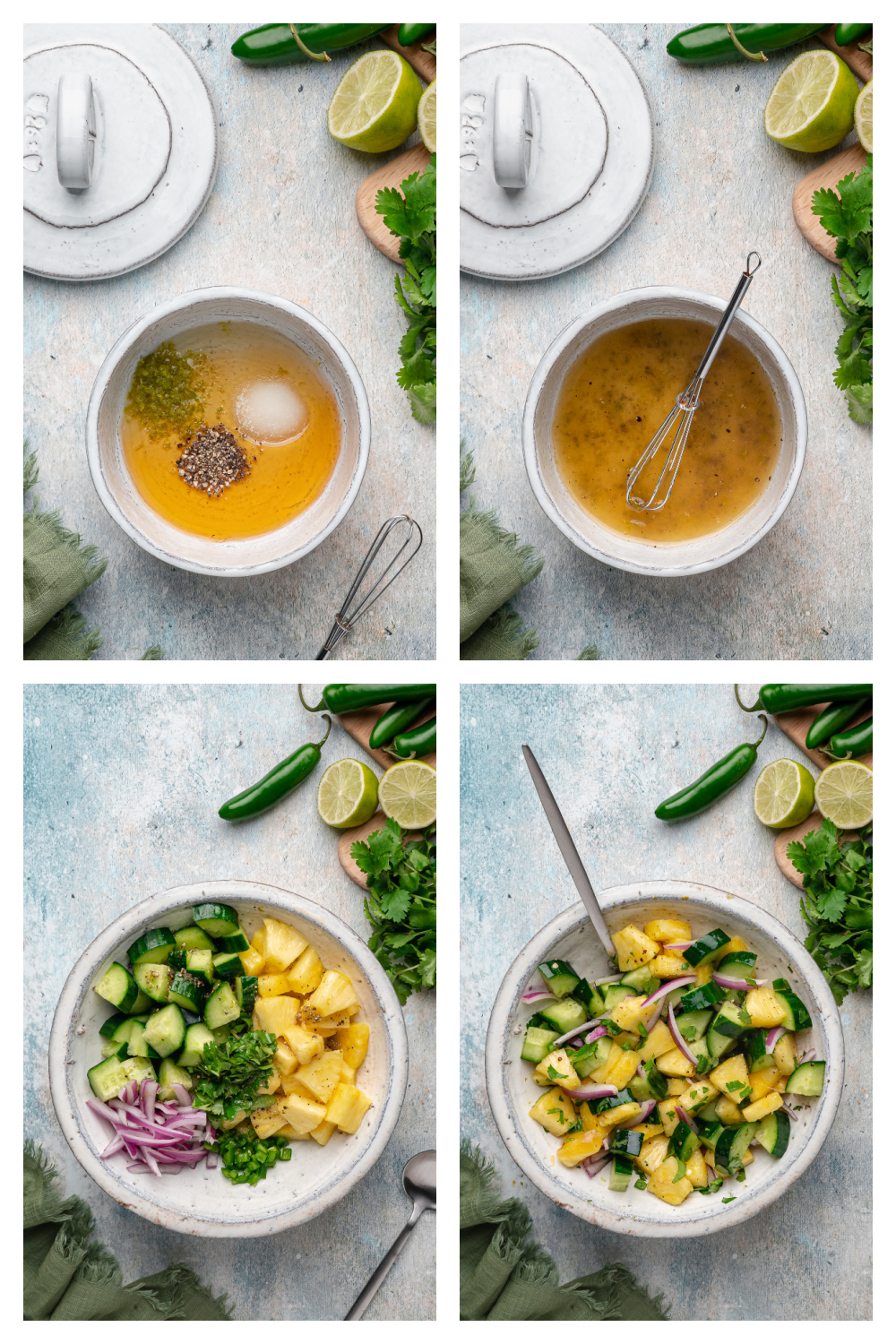 How to make chilled pineapple cucumber salad, showing the dressing being whisked, the salad mixed, and the final toss before chilling.