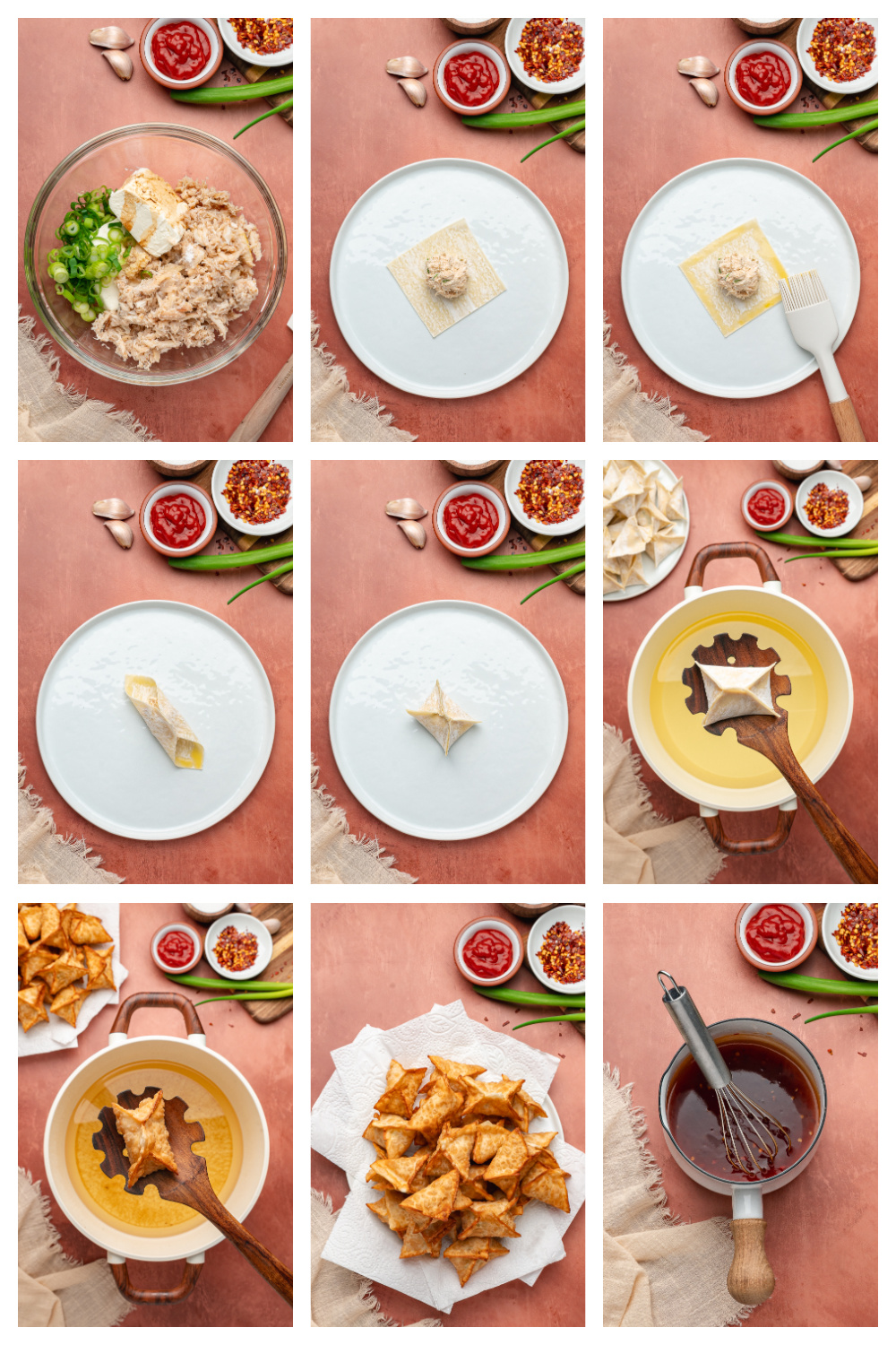 Step by step process showing how to fill, fold, and fry wonton wrappers for homemade crab rangoon, from mixing the filling to frying until crisp and draining.