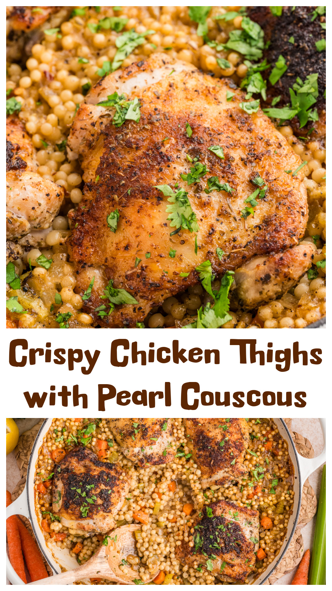 Easy oven baked chicken thighs over pearl couscous cooked together in one pan with lemon, herbs, and vegetables. This weeknight dinner uses bone-in, skin-on chicken for crispy skin while the couscous absorbs flavor underneath. A simple, comforting chicken dinner that comes together in the oven with minimal cleanup. Great for busy nights when you want an easy dinner that still feels like real food. via @cmpollak1