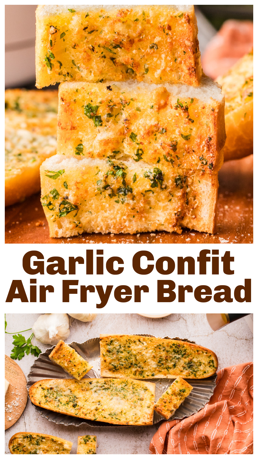 Garlic confit air fryer bread made with slow-cooked garlic cloves and garlic confit oil for rich, mellow flavor. Crisp edges, soft center, and no raw garlic bite. This air fryer garlic bread comes together in minutes and uses both the confit cloves and oil for even flavor and better browning. A fast side dish or snack when garlic confit is already prepped. via @cmpollak1